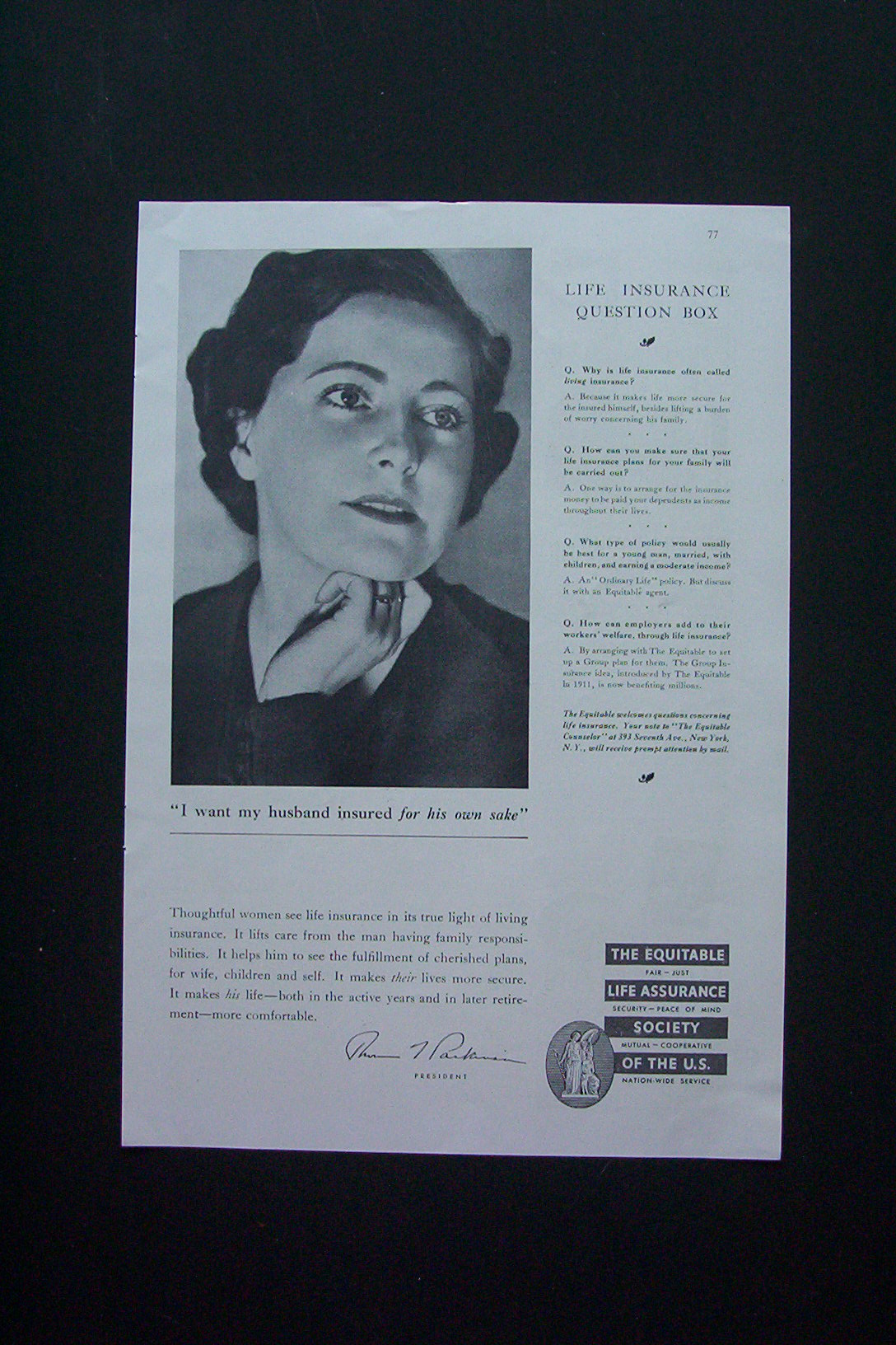 1936 Equitable Life Assurance w/ I Want Husband Insured