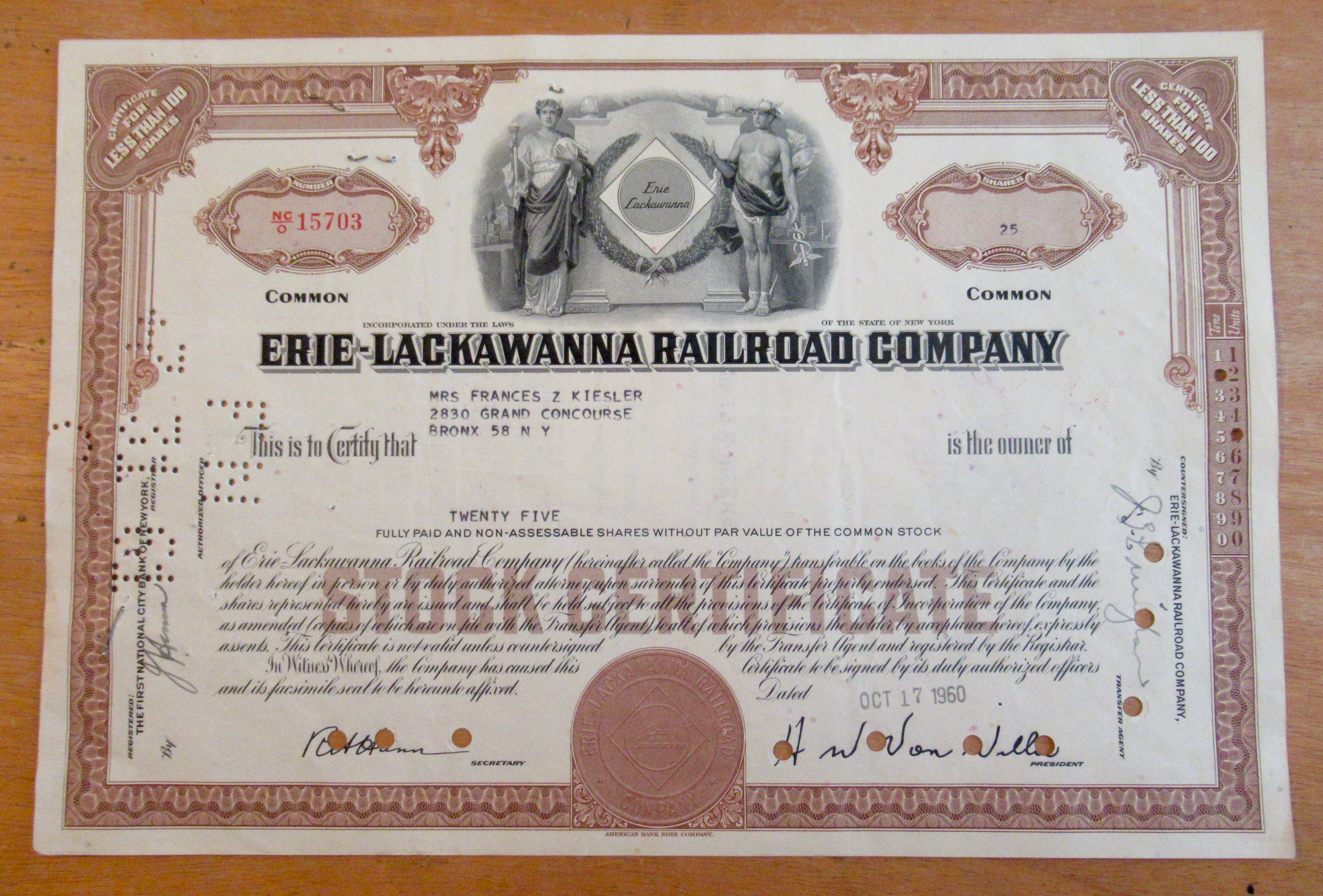 1960 Erie-Lackawanna Railroad Company Stock Certificate