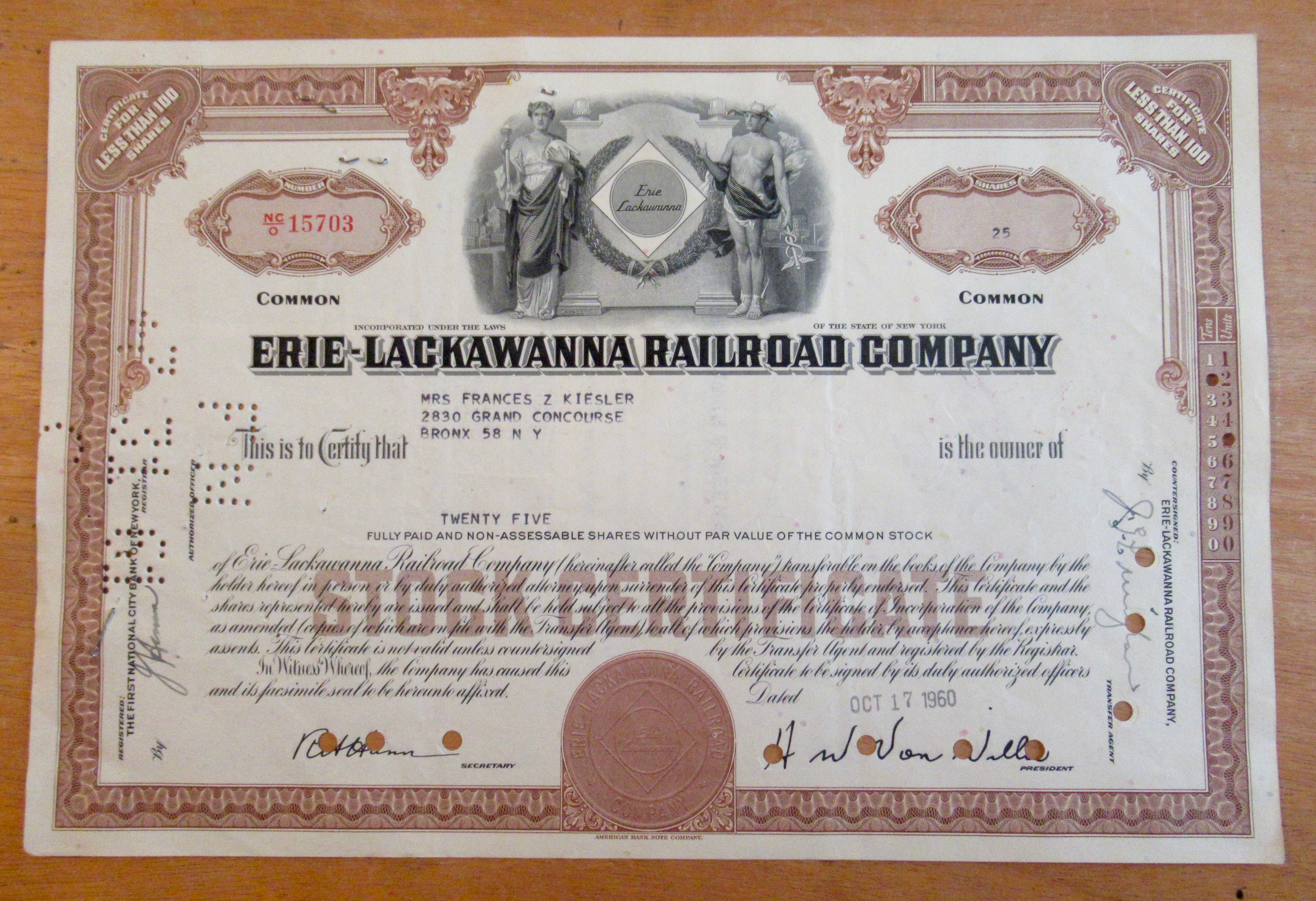 1960 Erie-Lackawanna Railroad Company Stock Certificate