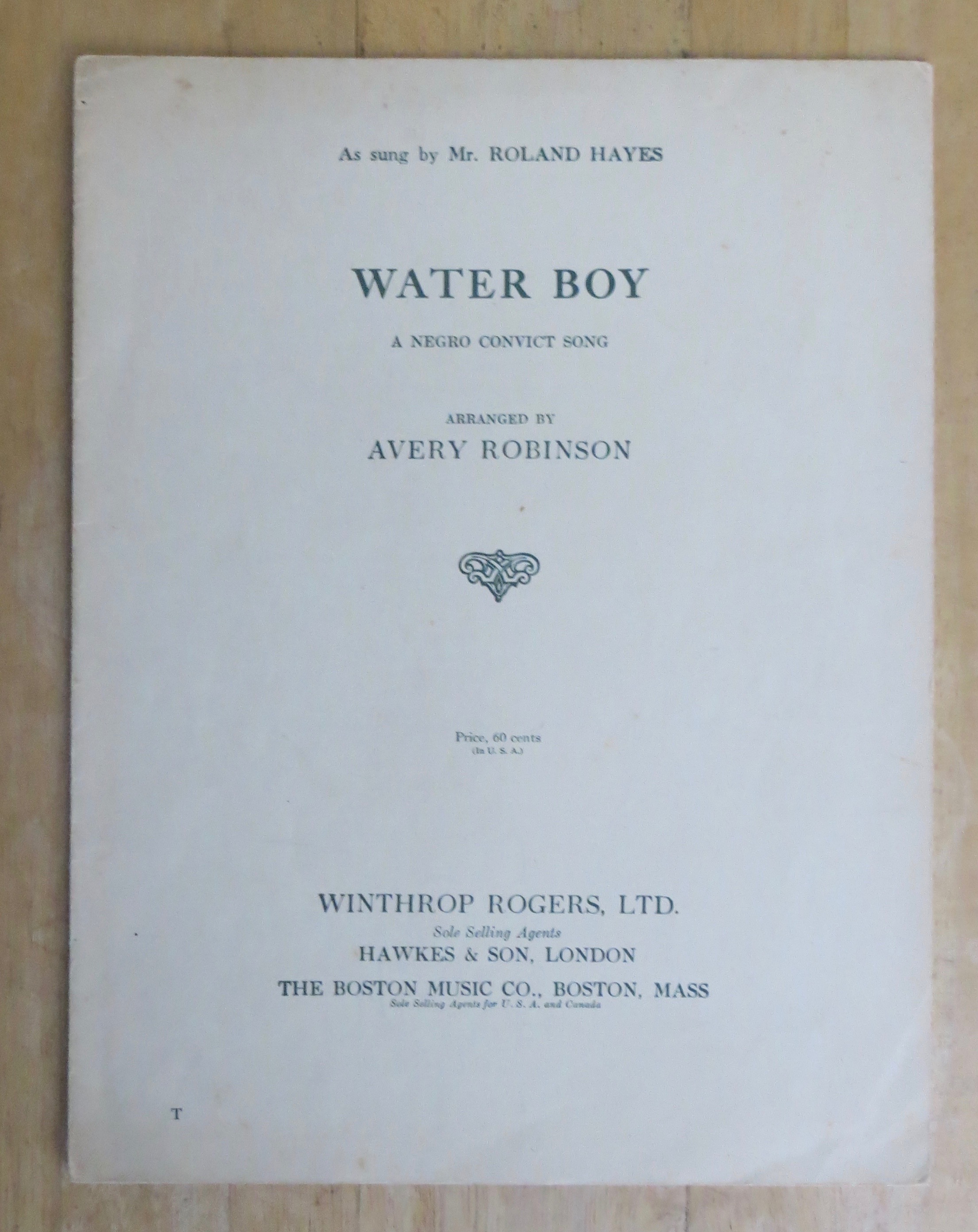 1922 Water Boy (A Negro Convict Song) Sheet Music
