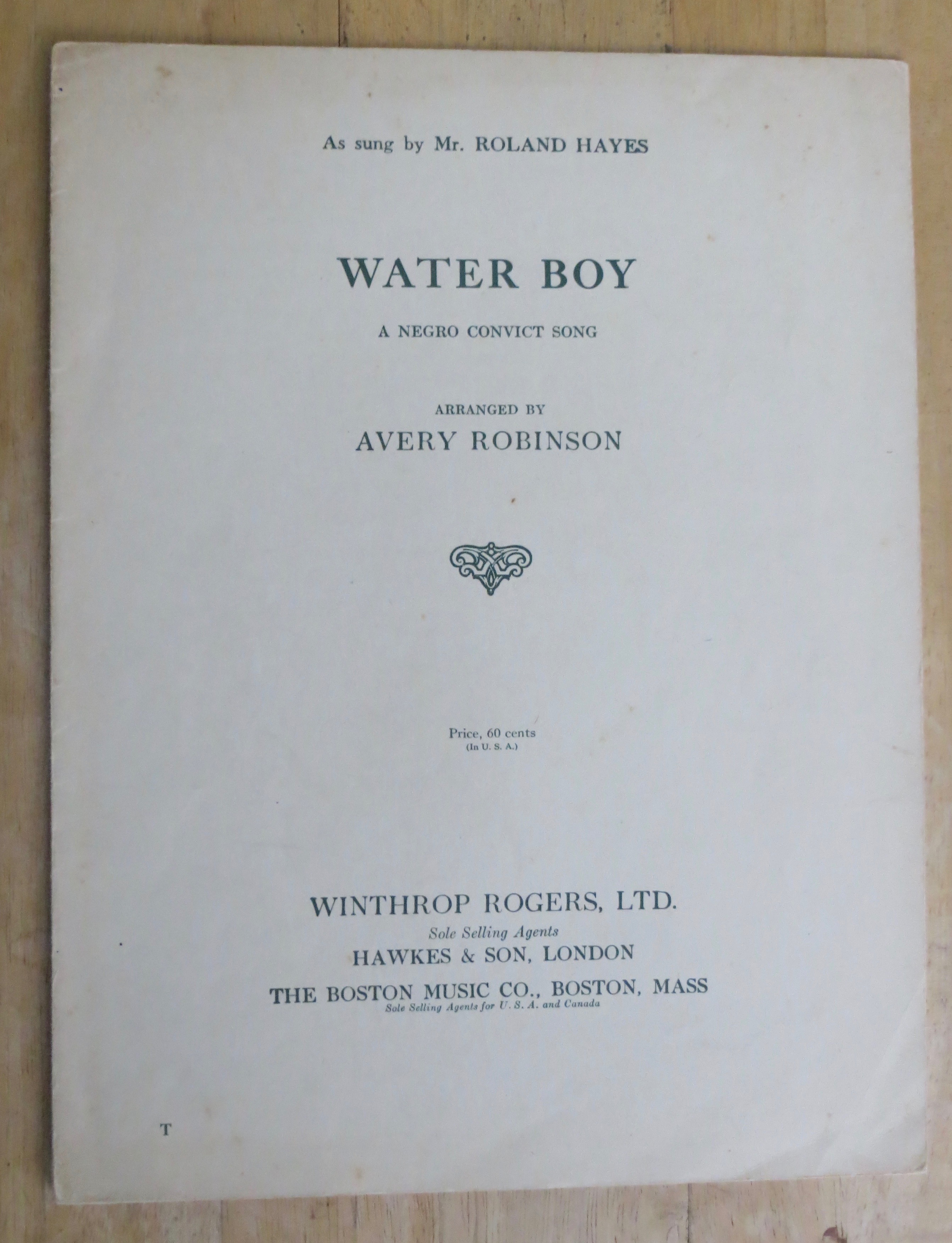 1922 Water Boy (A Negro Convict Song) Sheet Music