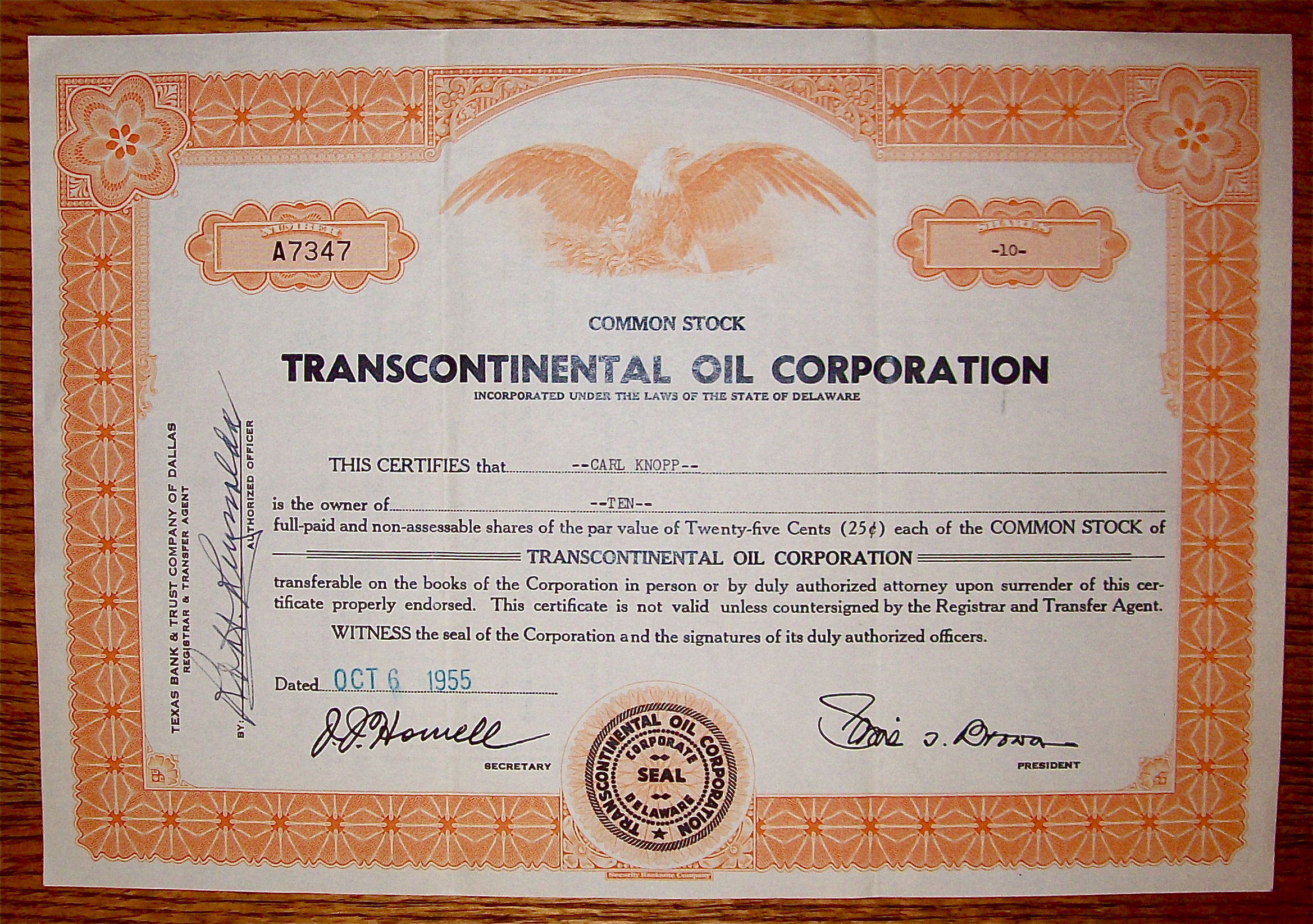 1955 Transcontinental Oil Corporation Stock Certificate