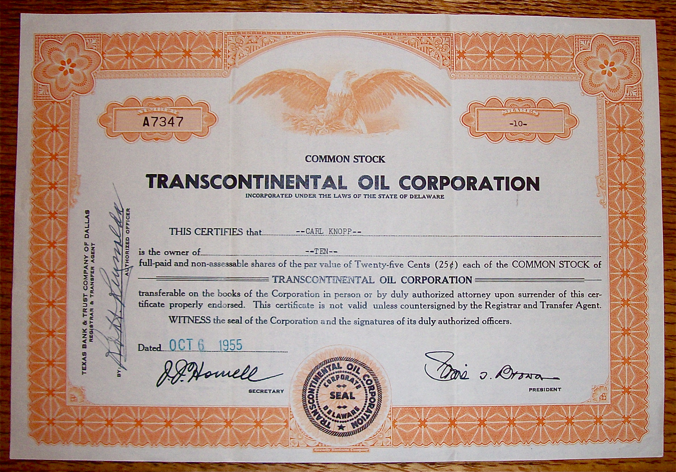 1955 Transcontinental Oil Corporation Stock Certificate