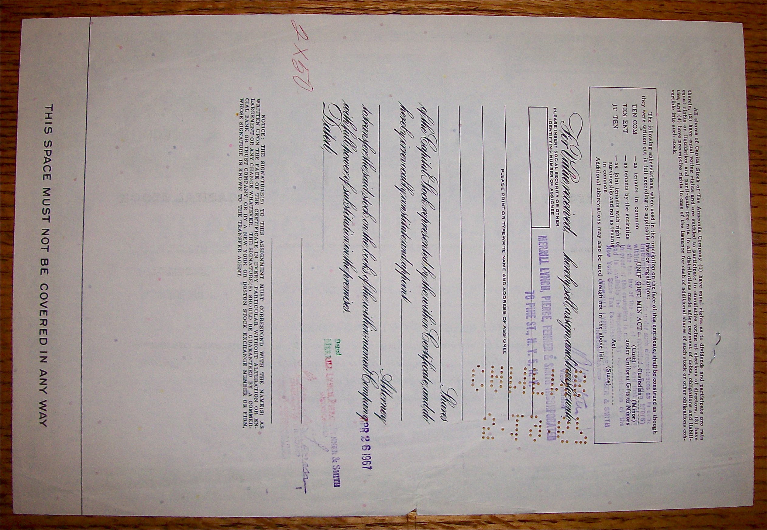 1967 Anaconda Company Stock Certificate