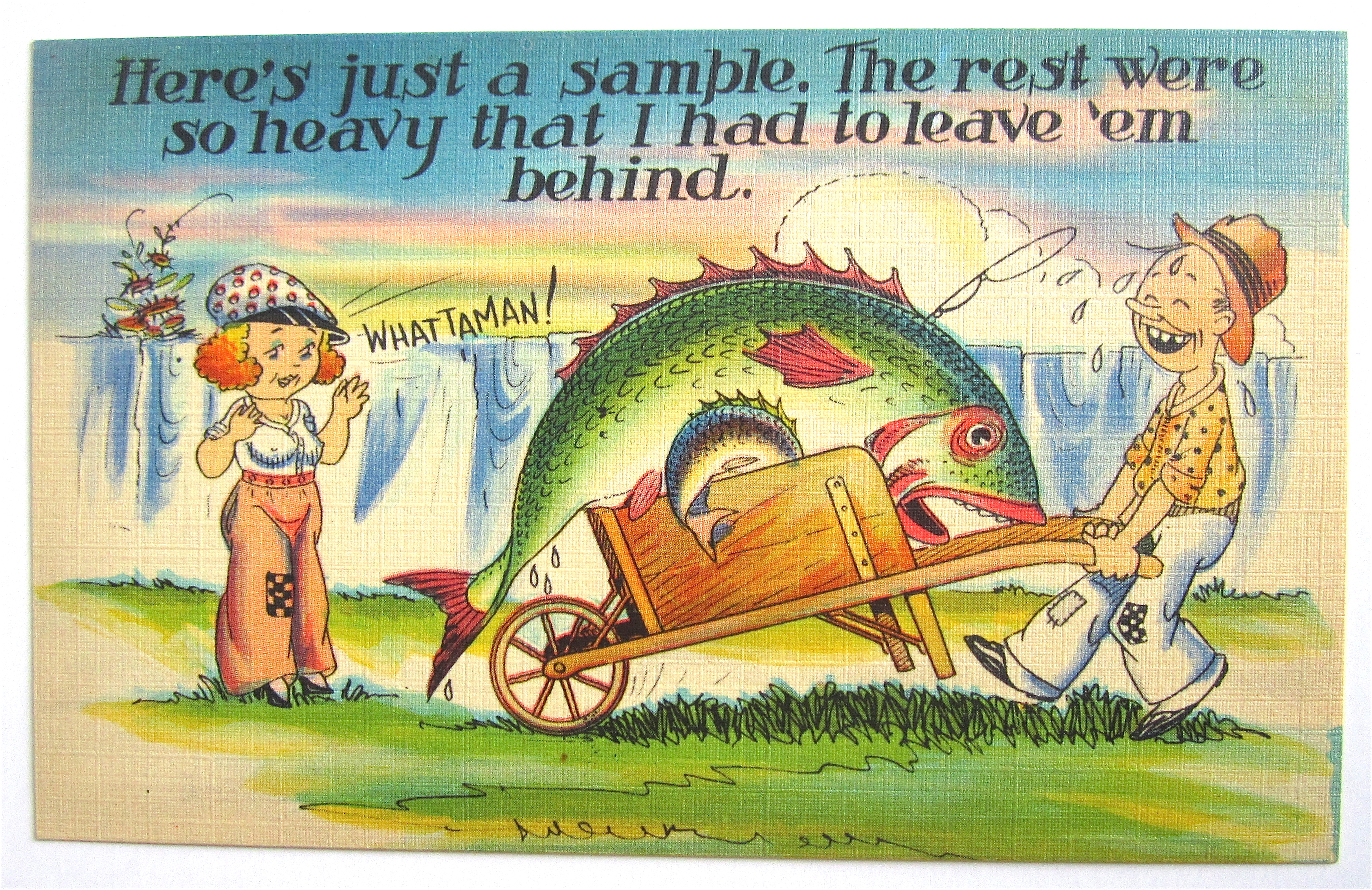 Man With Fish In Wheel-Barrel Showing Wife Postcard