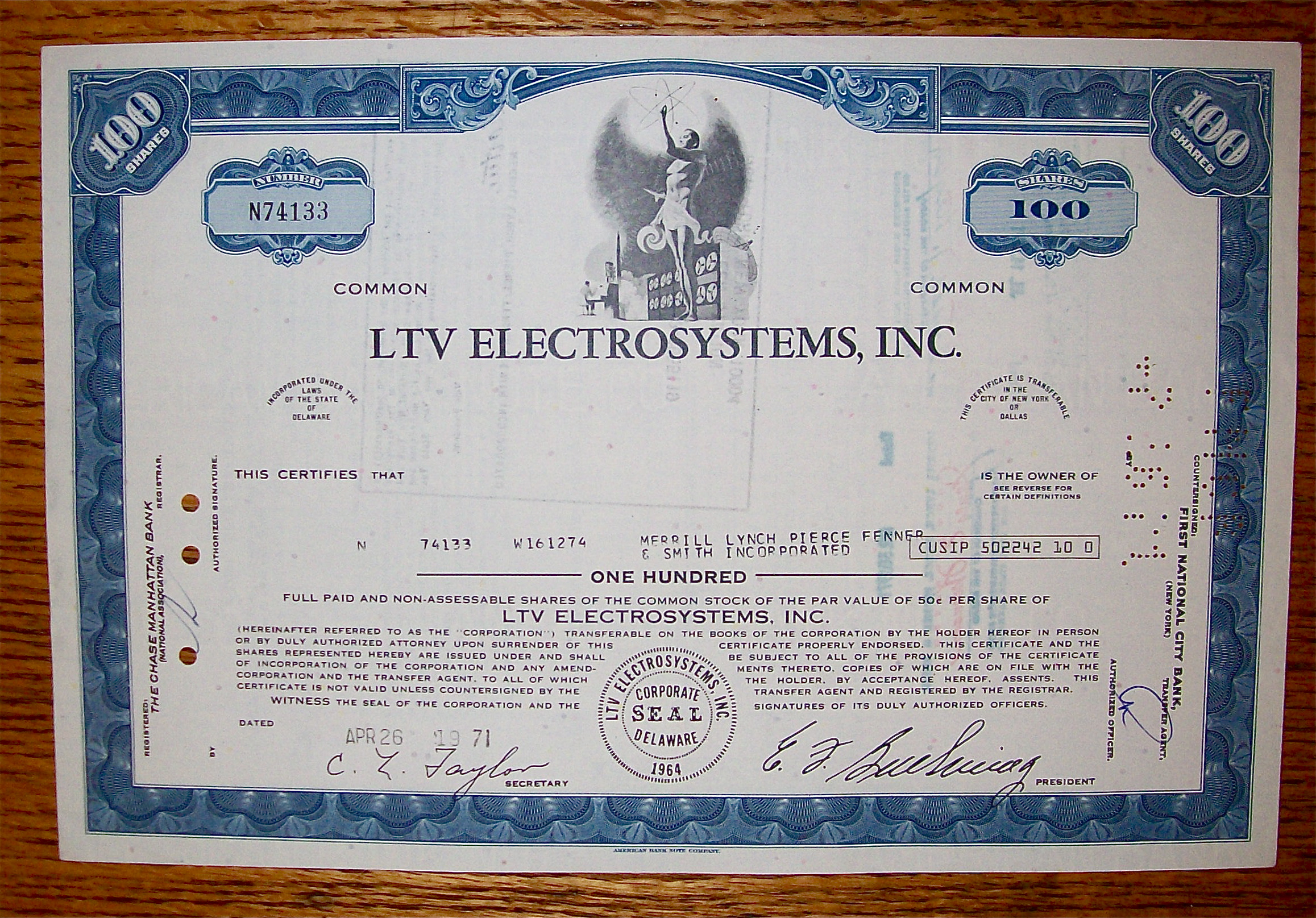 1971 LTV Electrosystems Incorporated Stock Certificate