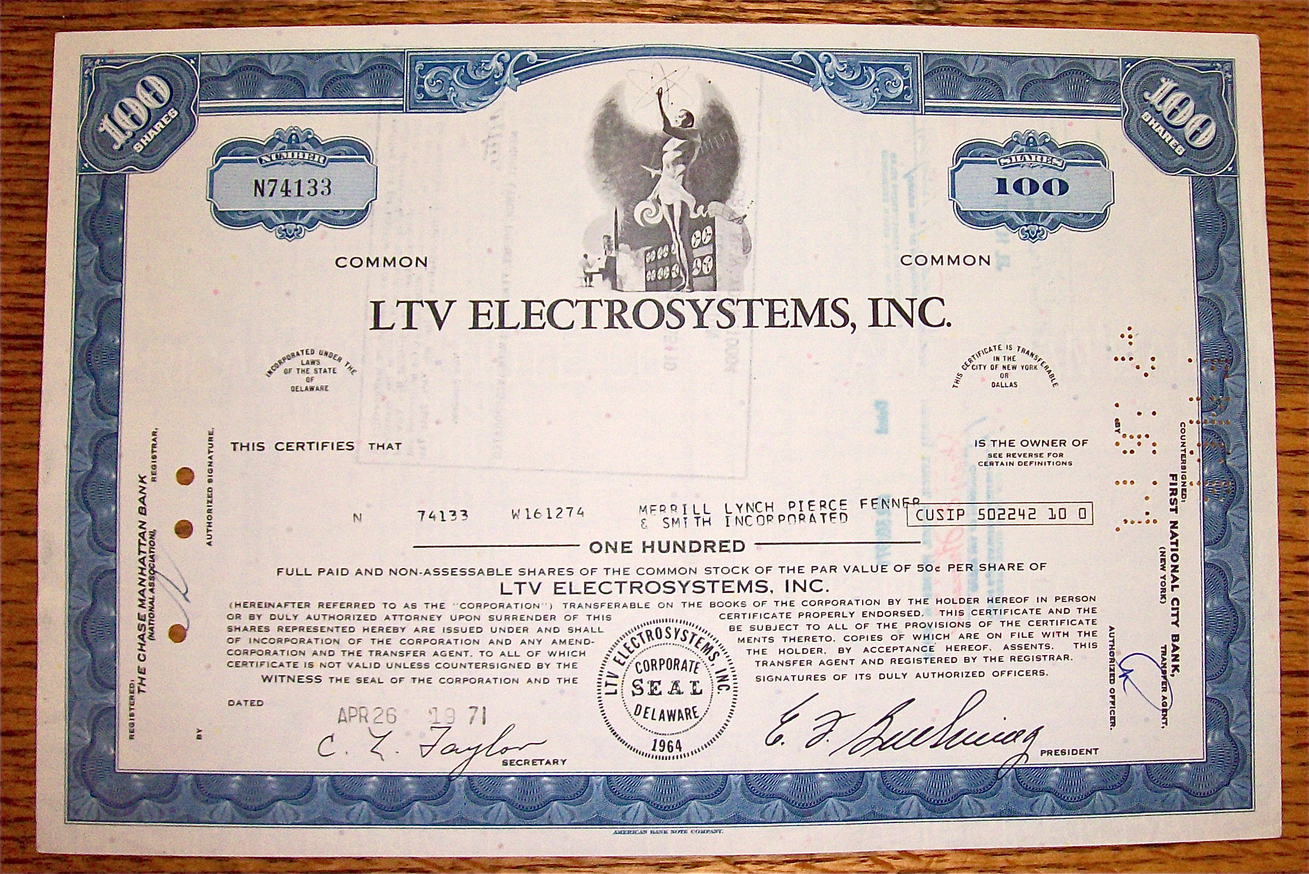 1971 LTV Electrosystems Incorporated Stock Certificate