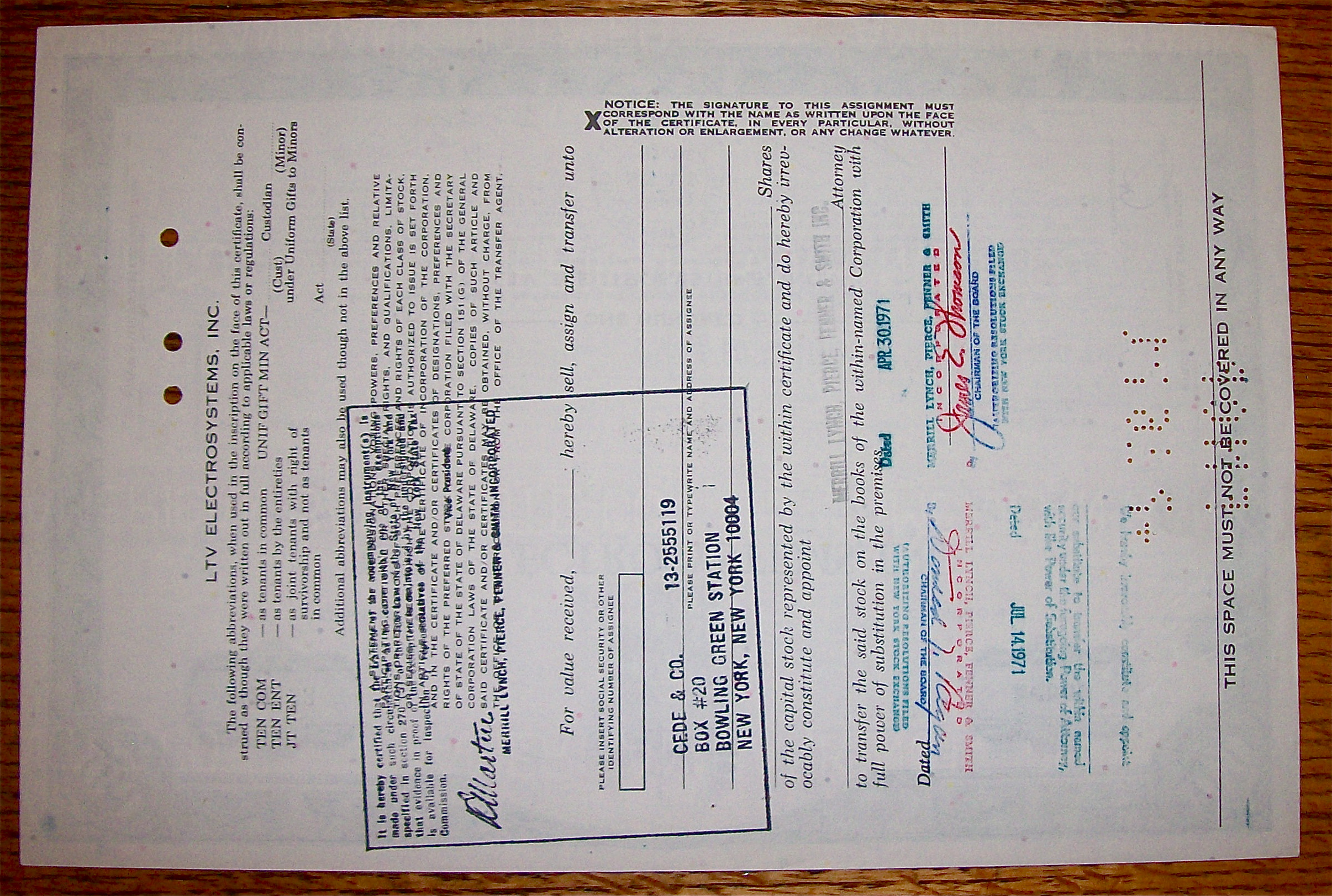 1971 LTV Electrosystems Incorporated Stock Certificate