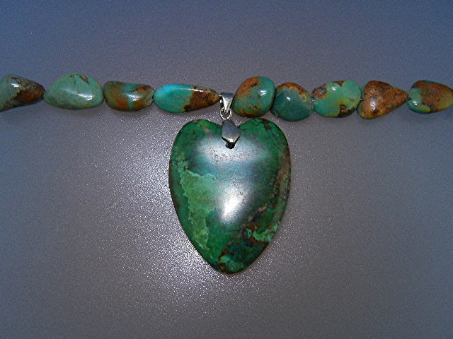 Turquoise Beads and Heart Necklace Sterling Silver Clas