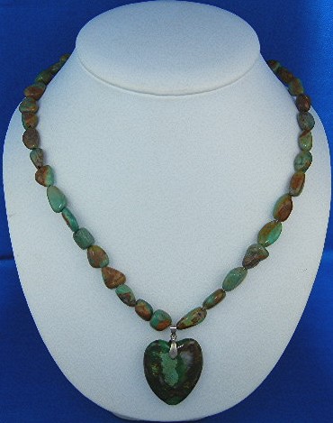 Turquoise Beads and Heart Necklace Sterling Silver Clas