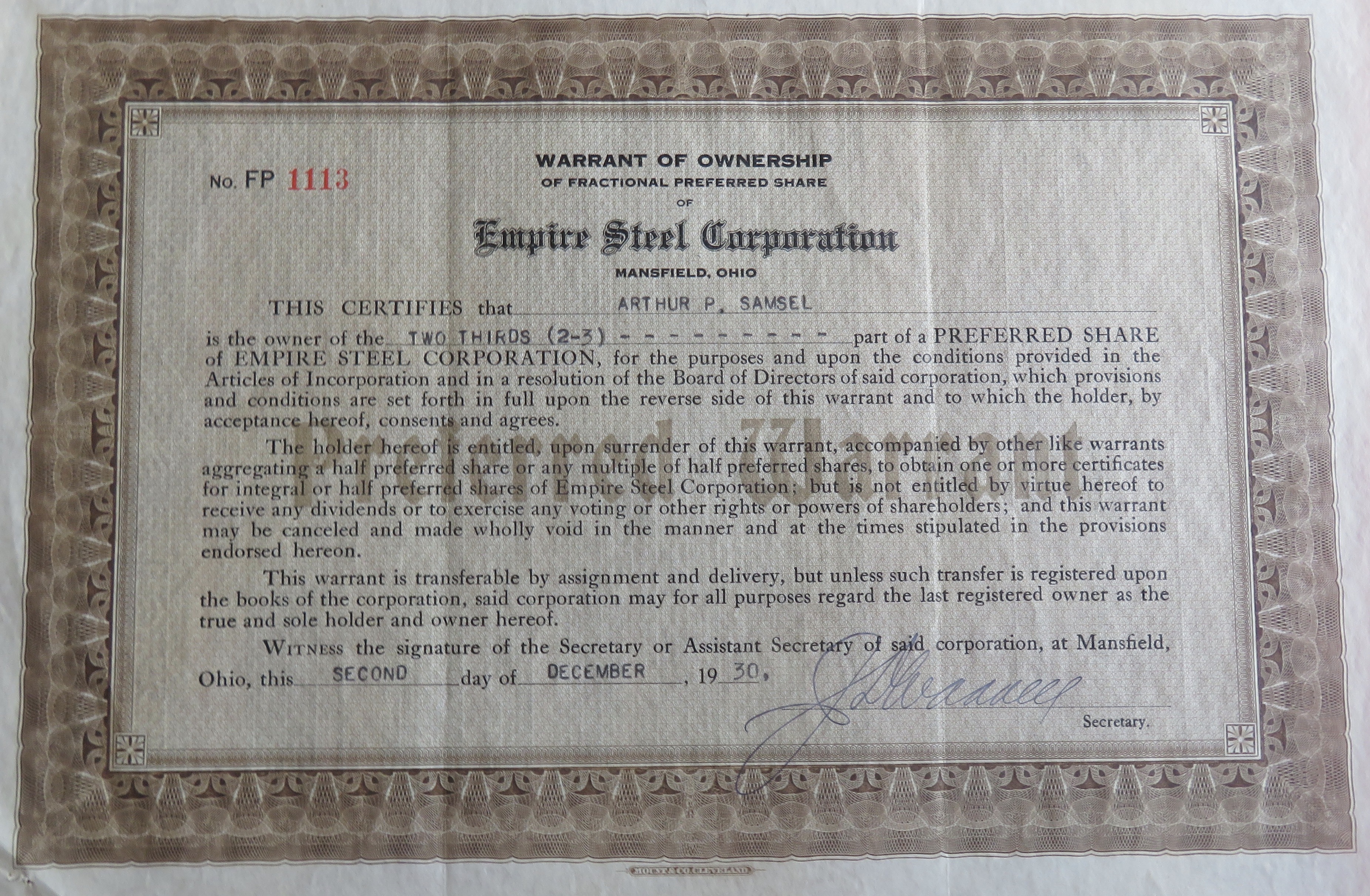 1930 Empire Steel Corporation