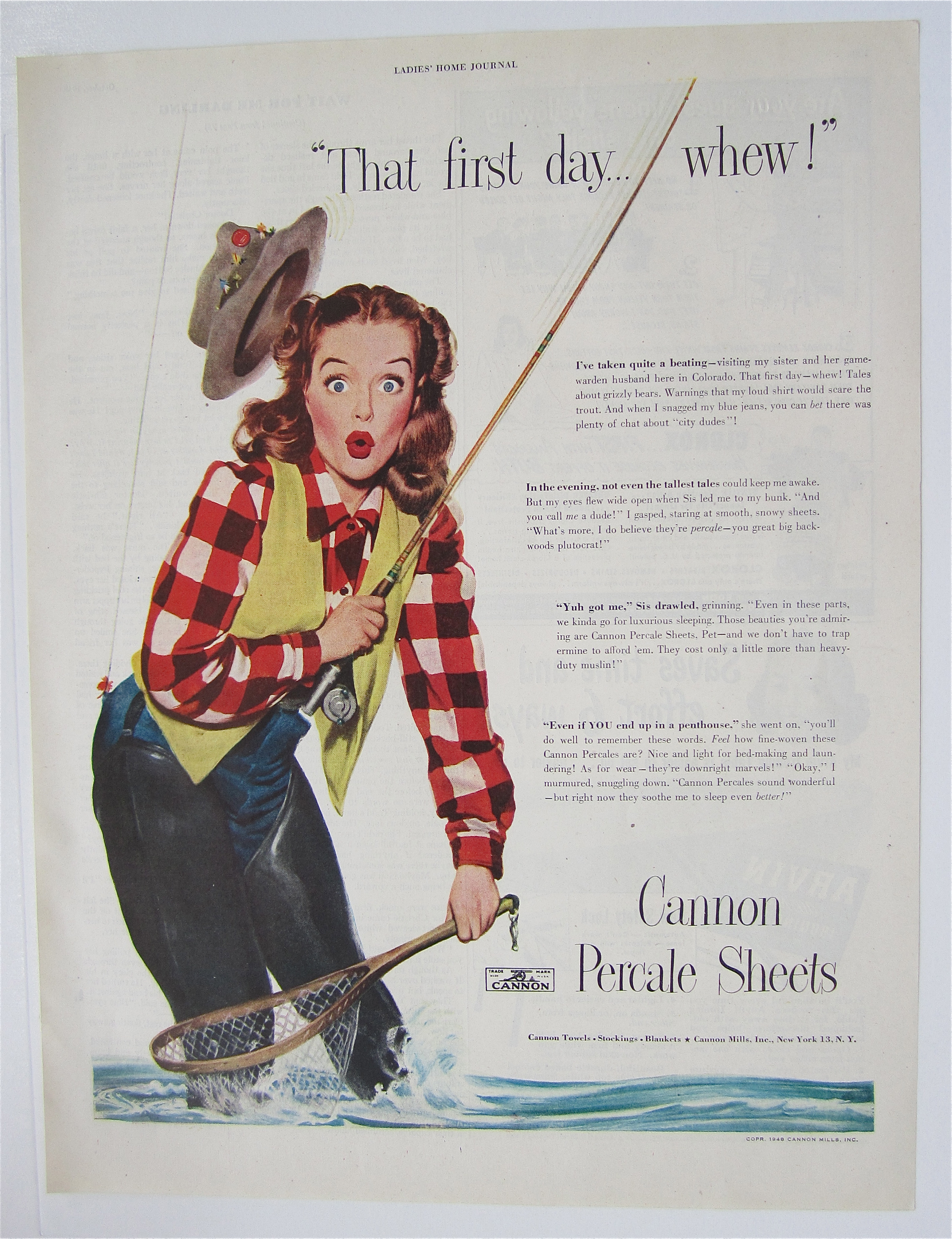 1948 Cannon Percale Sheets with Woman Fishing