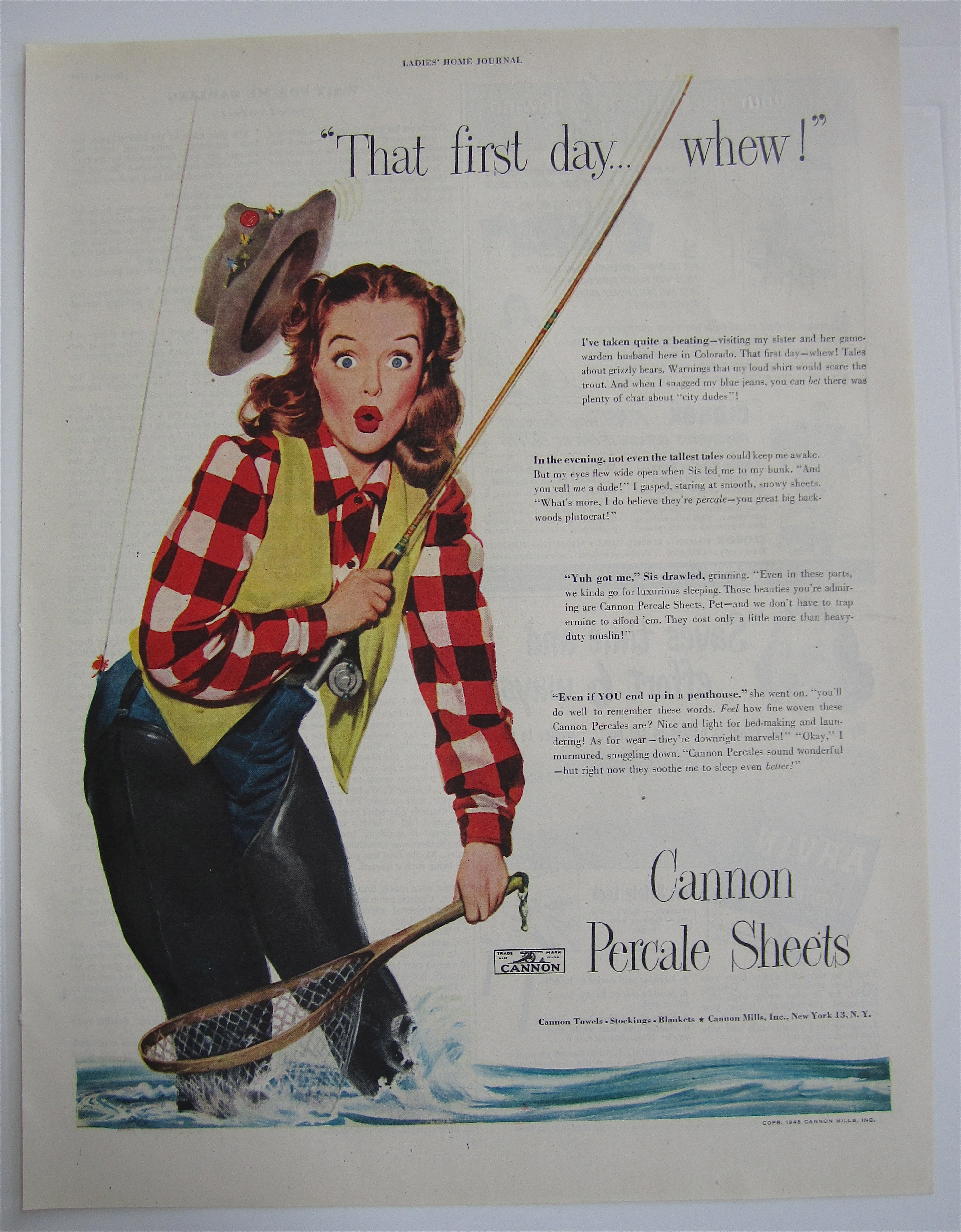 1948 Cannon Percale Sheets with Woman Fishing