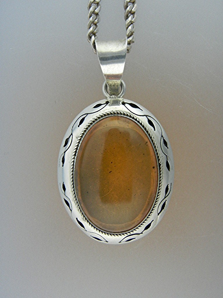 Taxco Mexico Sterling Silver Amber Pendant Curb Link Ch