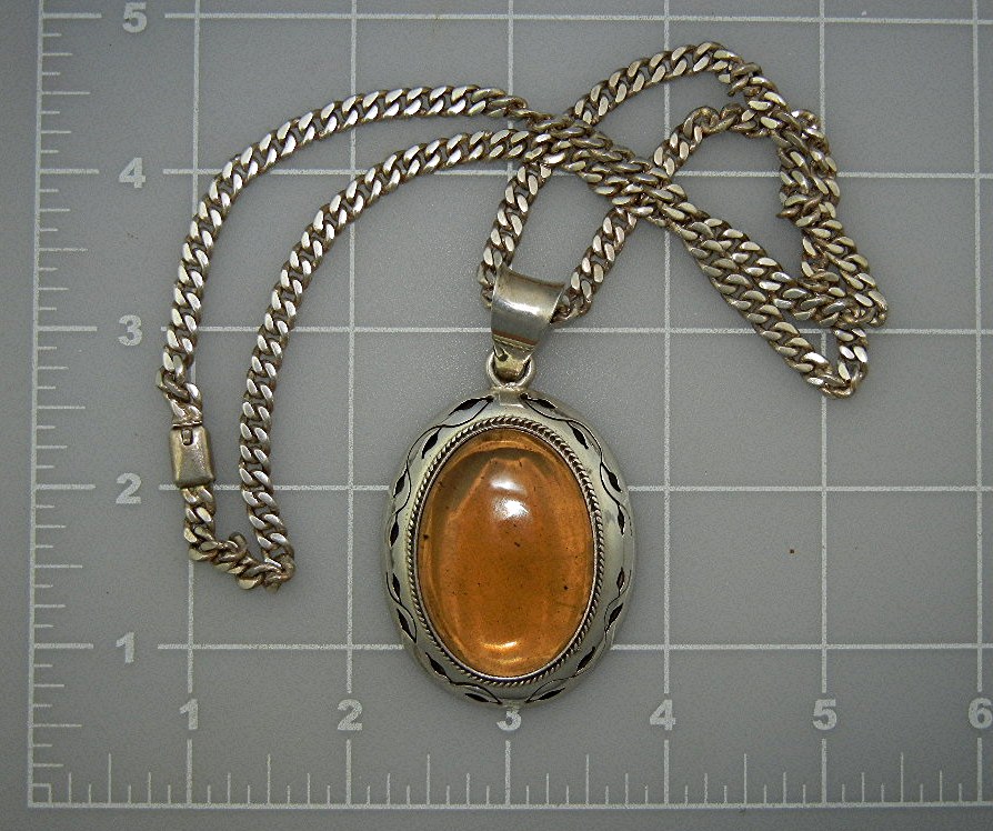 Taxco Mexico Sterling Silver Amber Pendant Curb Link Ch