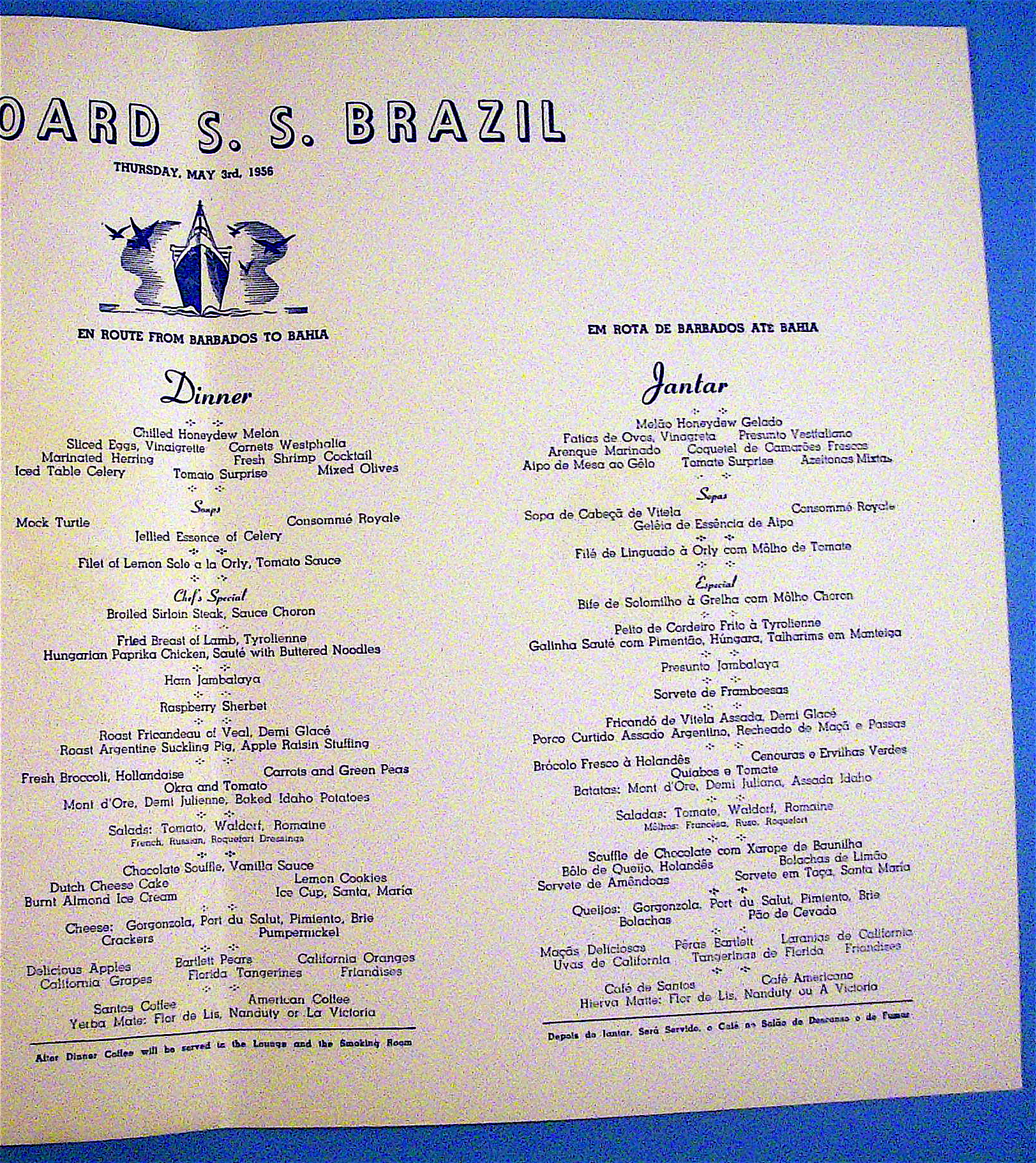 S. S. Brazil Menu (Moore Mc Cormack Lines) May 3, 1956