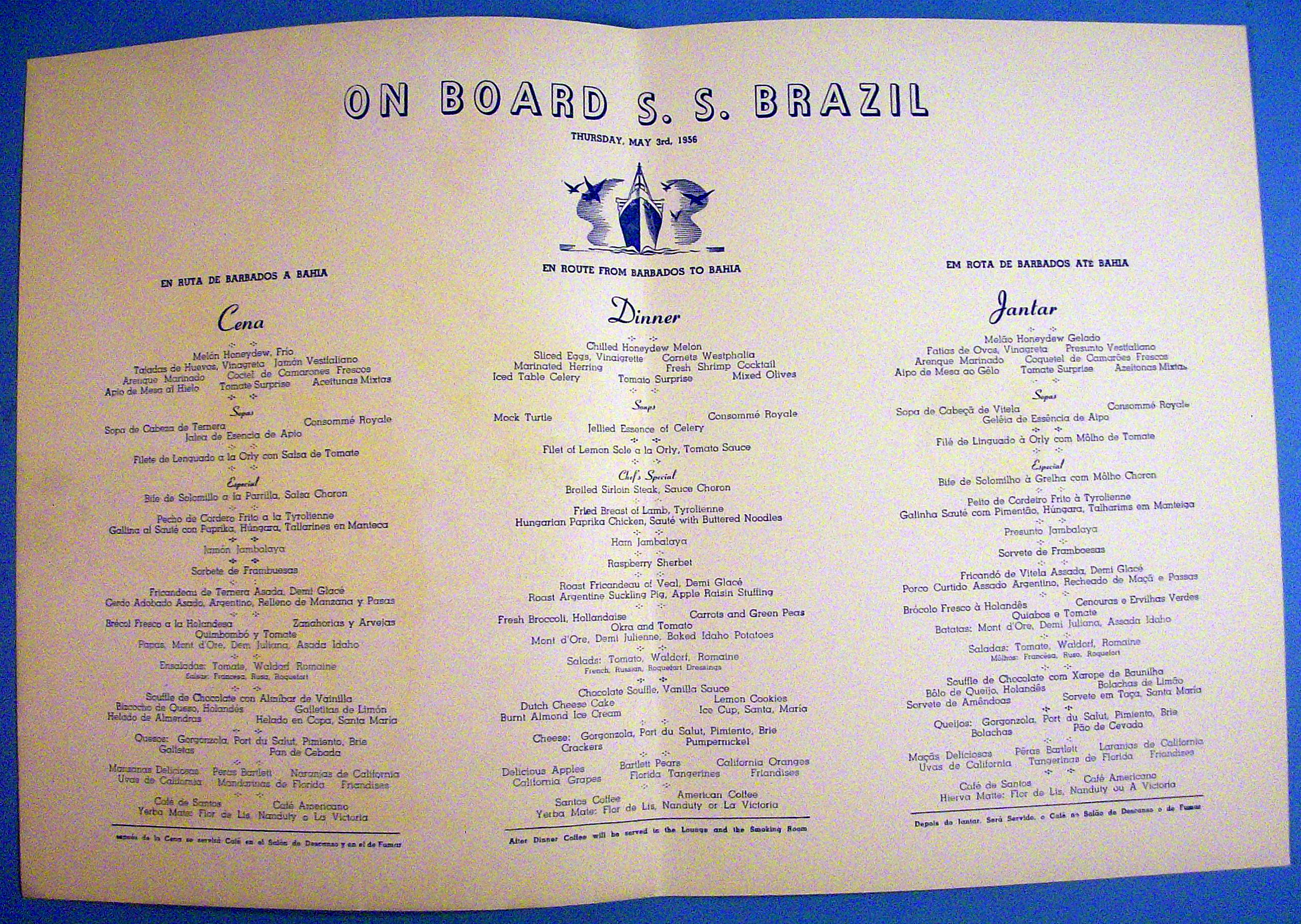 S. S. Brazil Menu (Moore Mc Cormack Lines) May 3, 1956