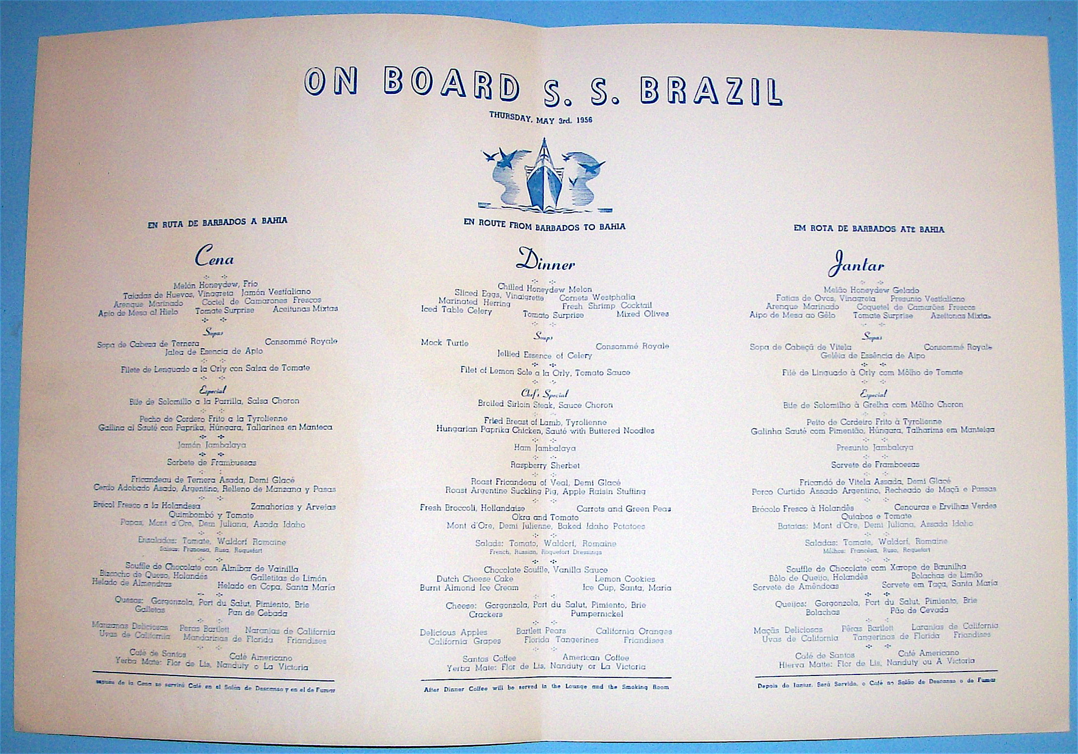 S. S. Brazil Menu (Moore Mc Cormack Lines) May 3, 1956