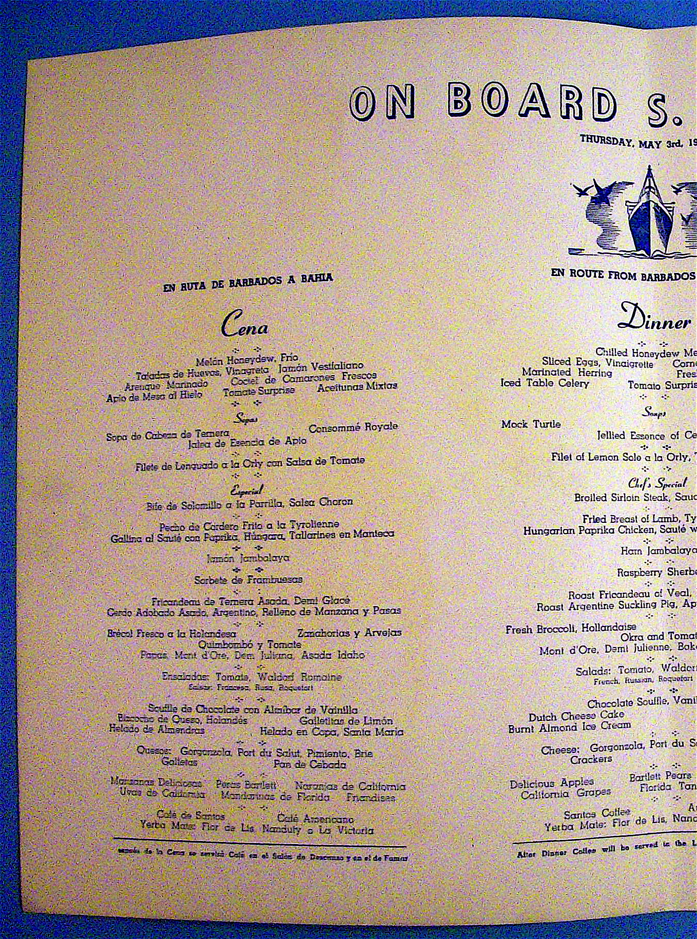 S. S. Brazil Menu (Moore Mc Cormack Lines) May 3, 1956