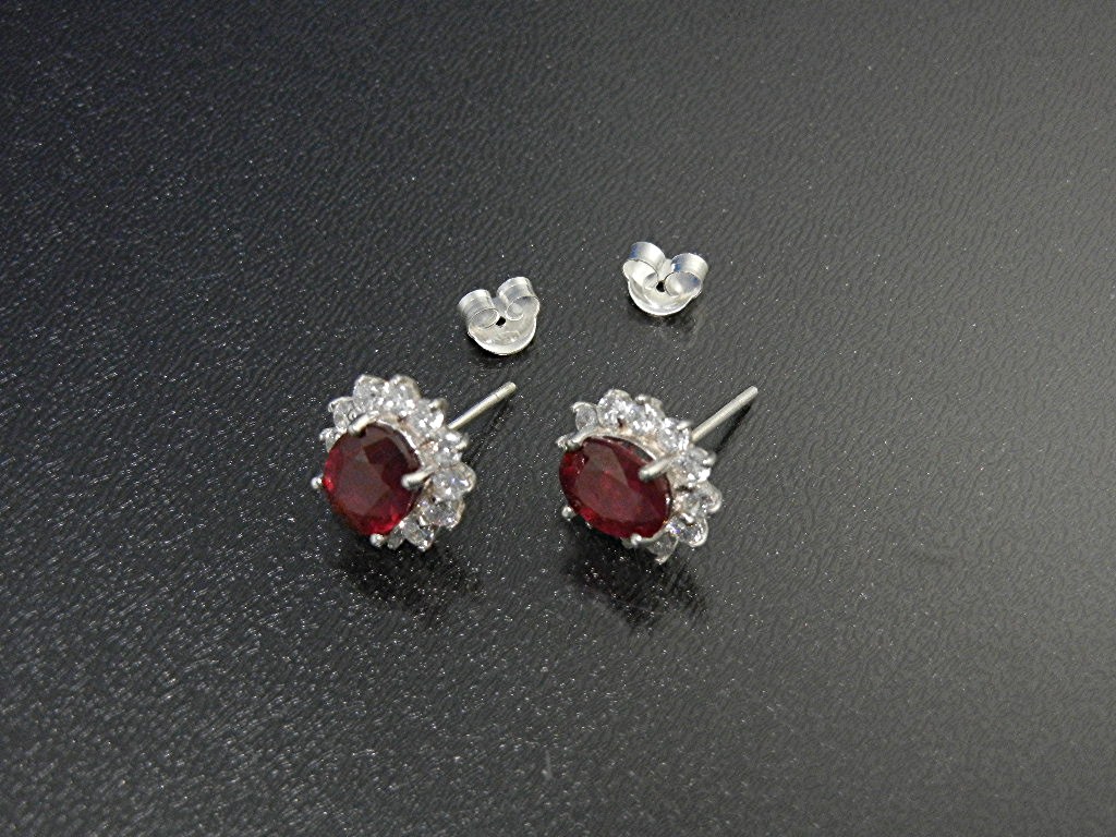 Ruby Sterling Silver White Sapphire Post Earrings
