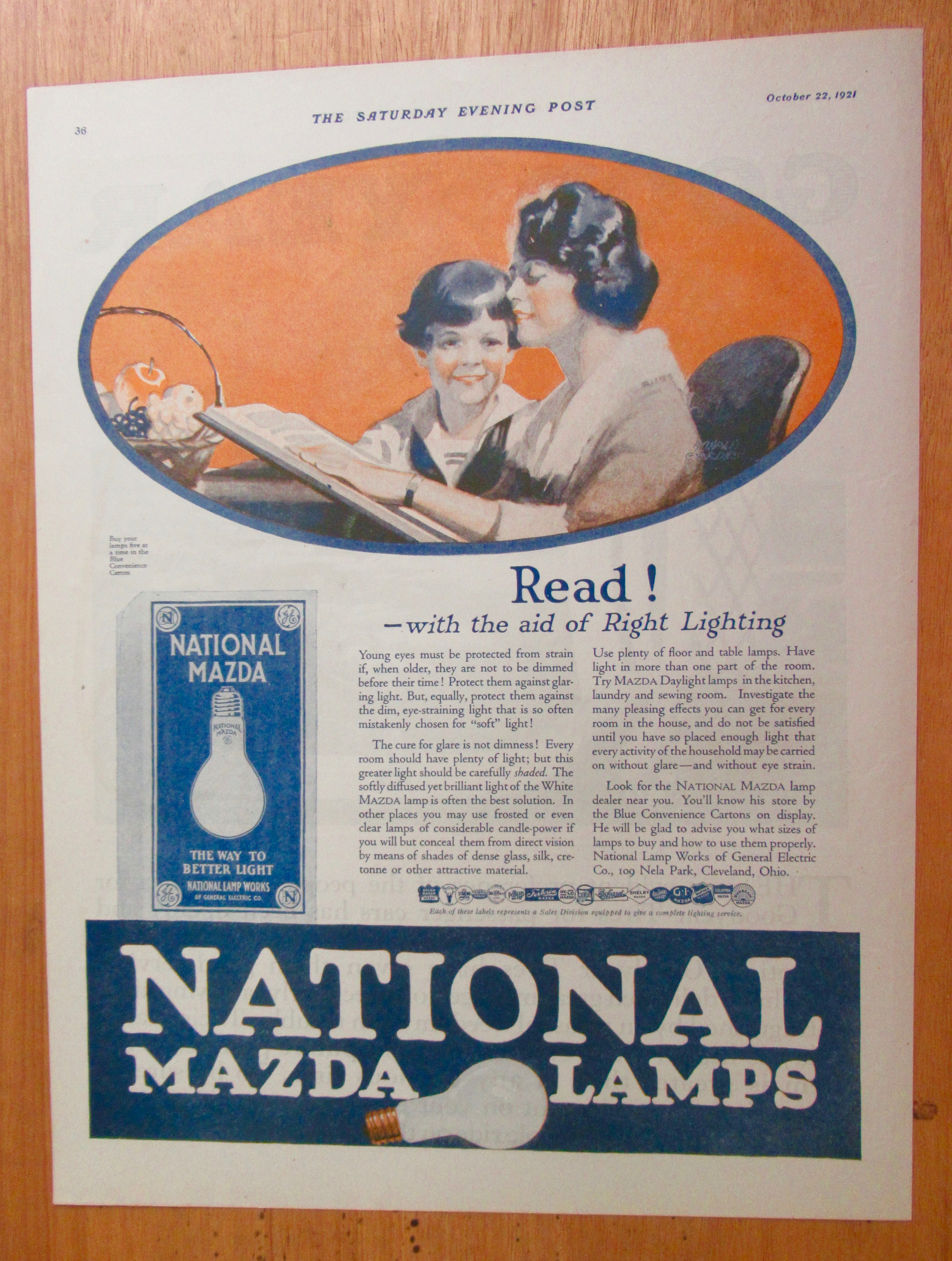 1921 National Mazda Lamps with Woman & Child & Book
