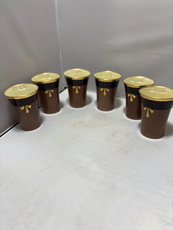 Cider Porcelain Tumblers: Brown Gold Rim Gold Fleur-de-lis Yellow Lusterware Set of 6