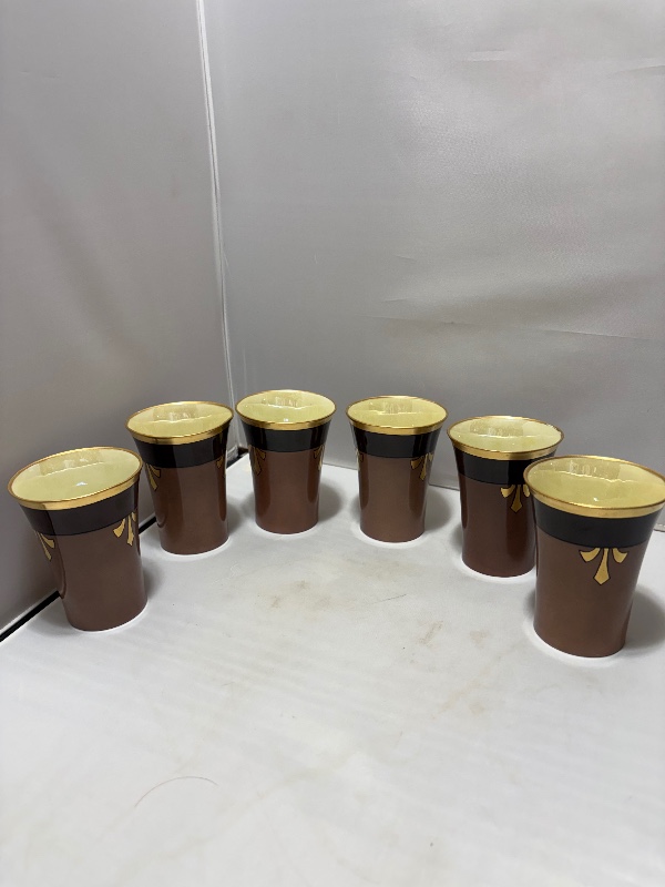Cider Porcelain Tumblers: Brown Gold Rim Gold Fleur-de-lis Yellow Lusterware Set of 6
