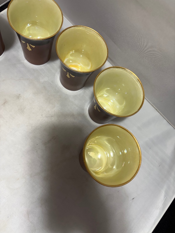 Cider Porcelain Tumblers: Brown Gold Rim Gold Fleur-de-lis Yellow Lusterware Set of 6