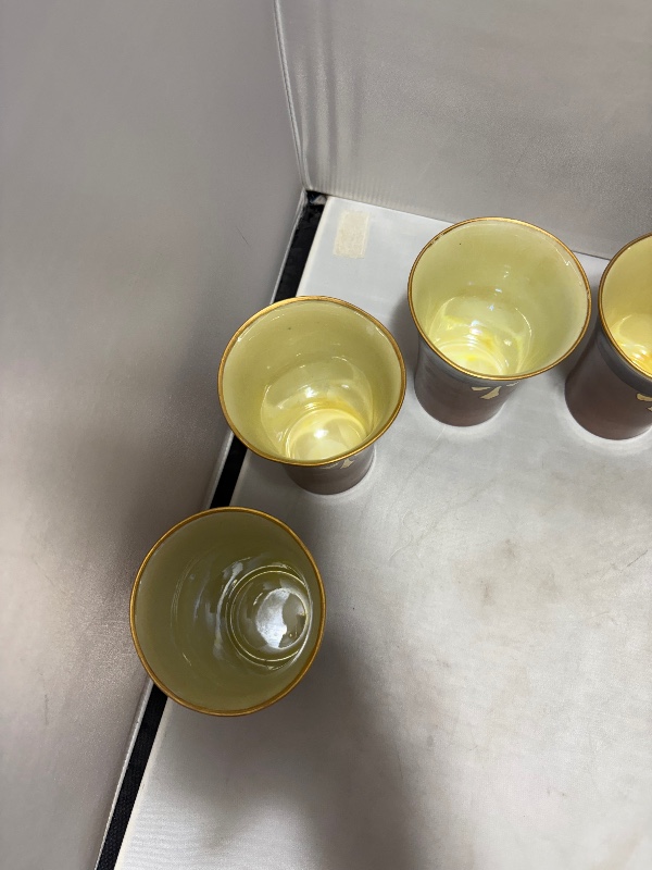 Cider Porcelain Tumblers: Brown Gold Rim Gold Fleur-de-lis Yellow Lusterware Set of 6