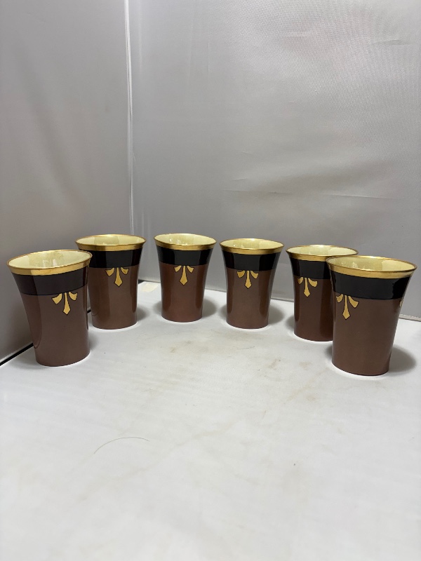 Cider Porcelain Tumblers: Brown Gold Rim Gold Fleur-de-lis Yellow Lusterware Set of 6