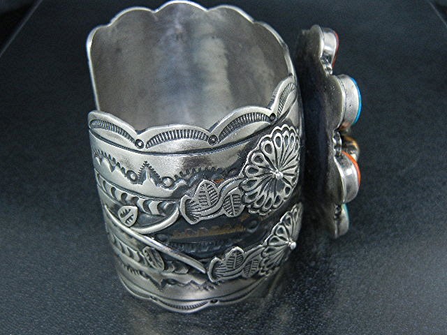 Navajo Sterling Silver Turquoise Coral Flower Bee Cuff
