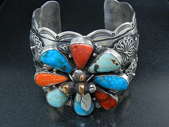 Navajo Sterling Silver Turquoise Coral Flower Bee Cuff