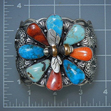 Navajo Sterling Silver Turquoise Coral Flower Bee Cuff