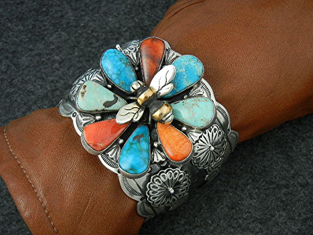 Navajo Sterling Silver Turquoise Coral Flower Bee Cuff