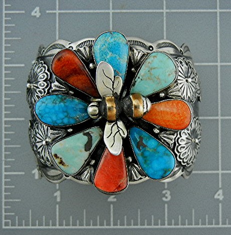 Navajo Sterling Silver Turquoise Coral Flower Bee Cuff