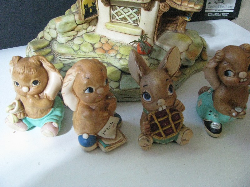 Vintage Ceramic Bunny Rabbit Cottage Figurine Set - 5 Pieces