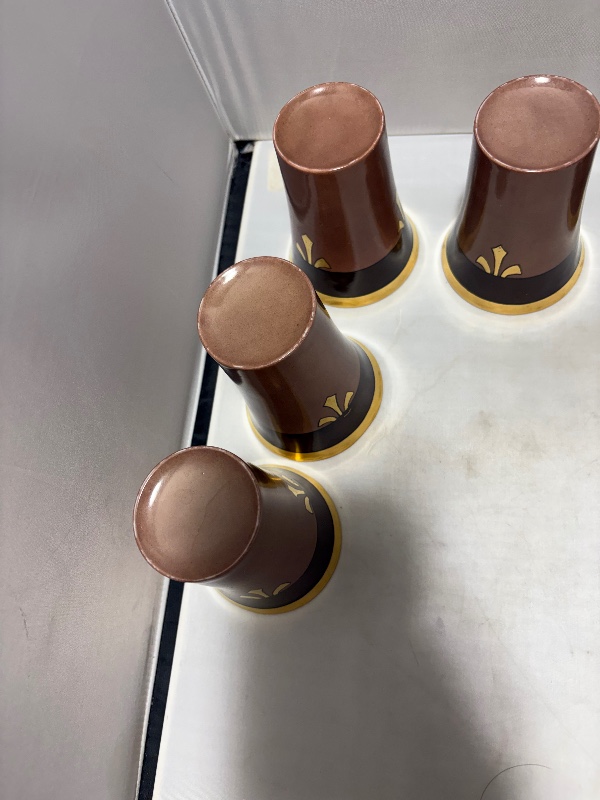 Cider Porcelain Tumblers: Brown Gold Rim Gold Fleur-de-lis Yellow Lusterware Set of 6