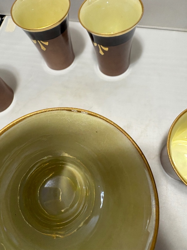 Cider Porcelain Tumblers: Brown Gold Rim Gold Fleur-de-lis Yellow Lusterware Set of 6