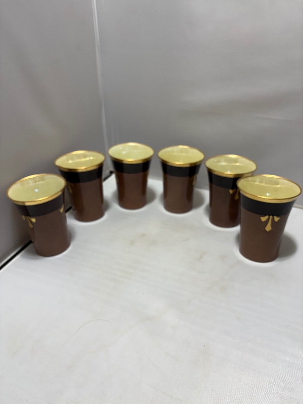 Cider Porcelain Tumblers: Brown Gold Rim Gold Fleur-de-lis Yellow Lusterware Set of 6