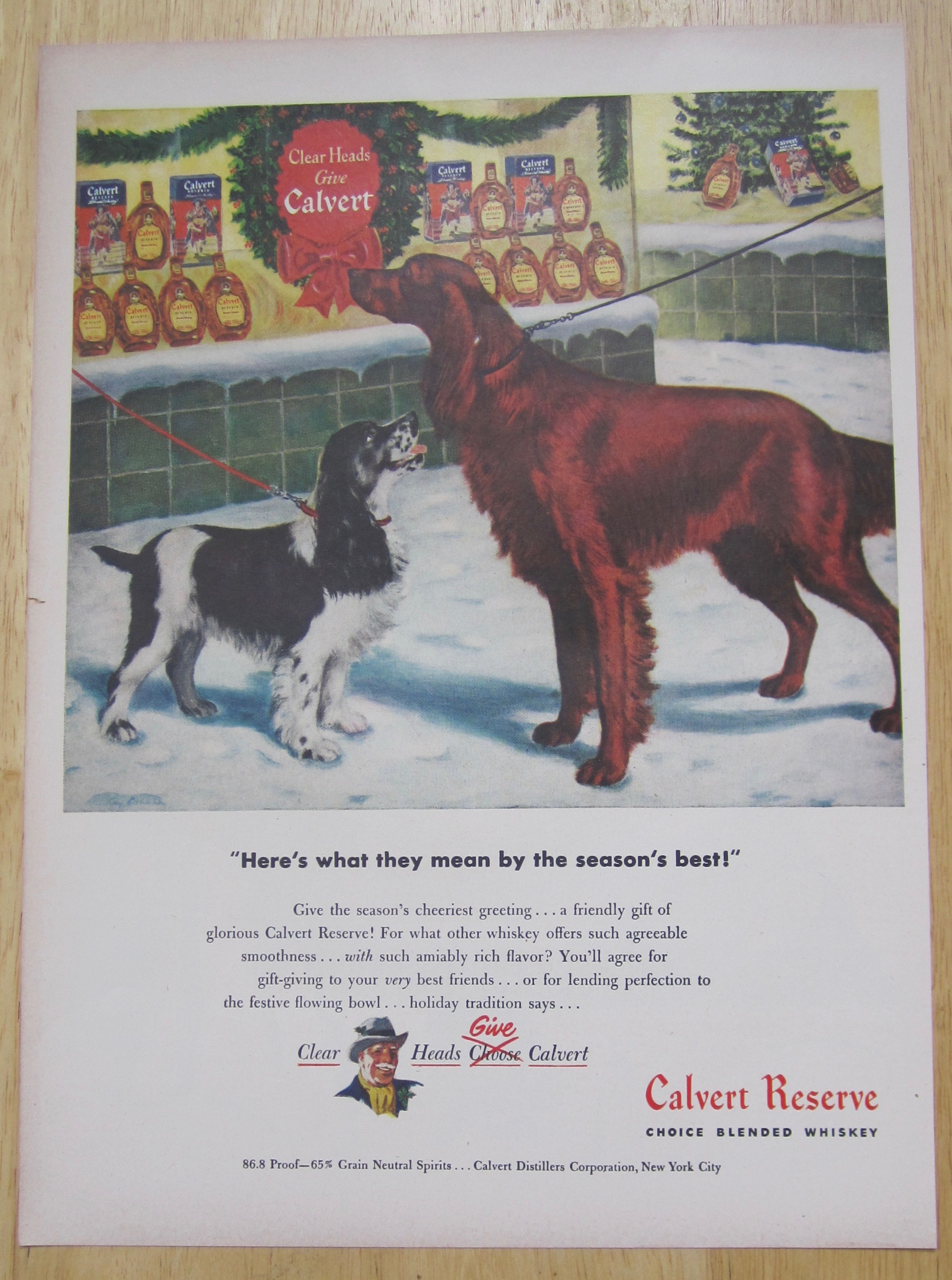 1947 Calvert Reserve Whiskey with Two Dogs on a Leash