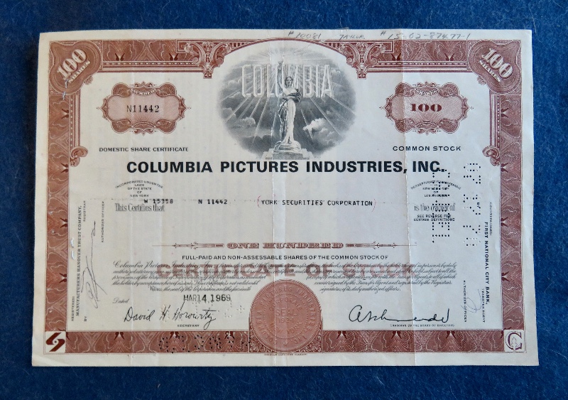 1969 Columbia Pictures Industries Incorporated Stock Certificate