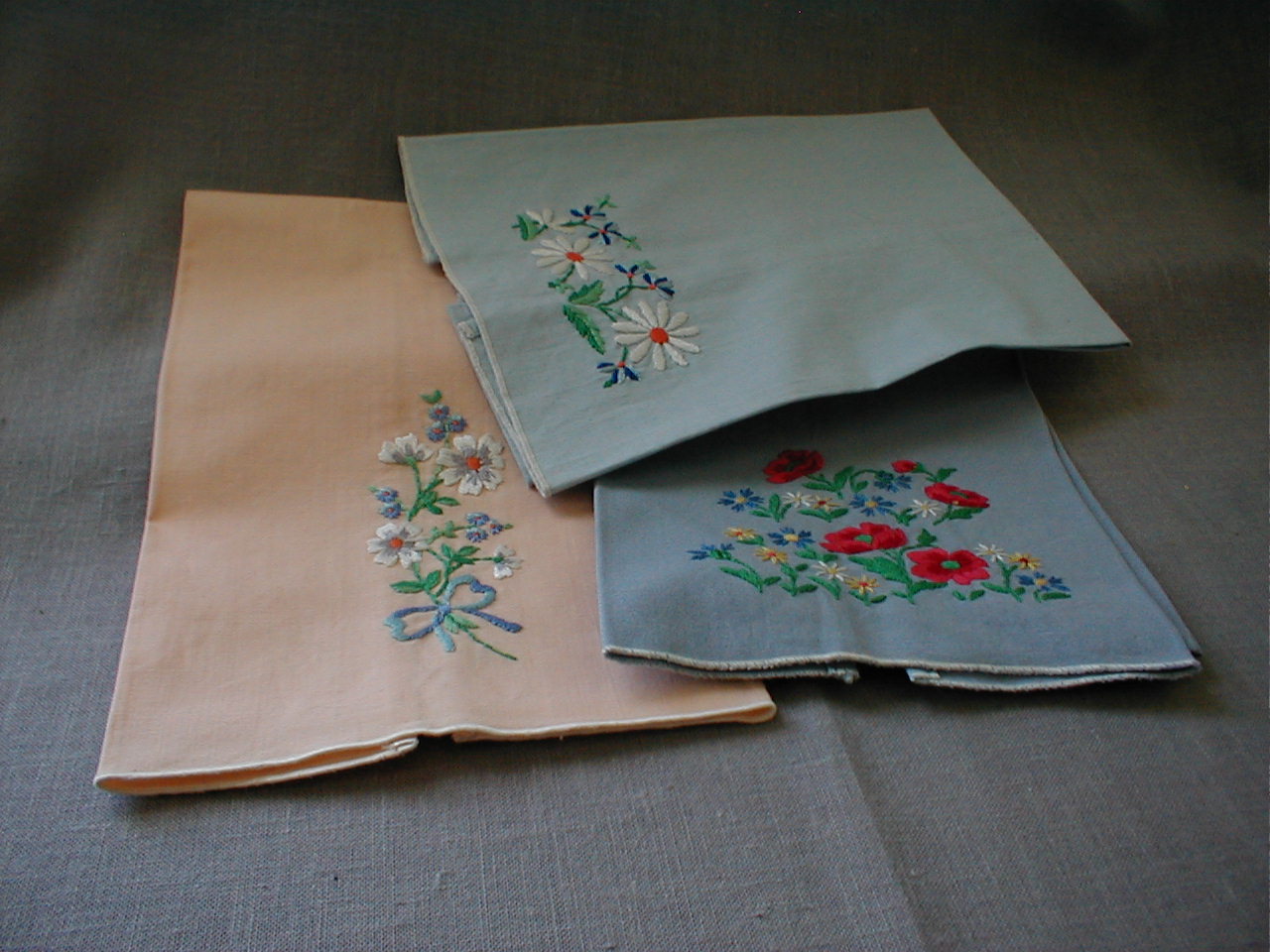 Three Embroidered Tea Towels