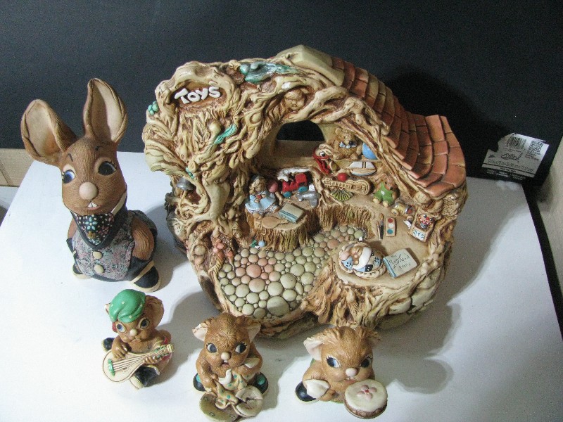Vintage Hand-Painted Ceramic Rabbit and Toy Shop Figurine Set - 5 Pieces