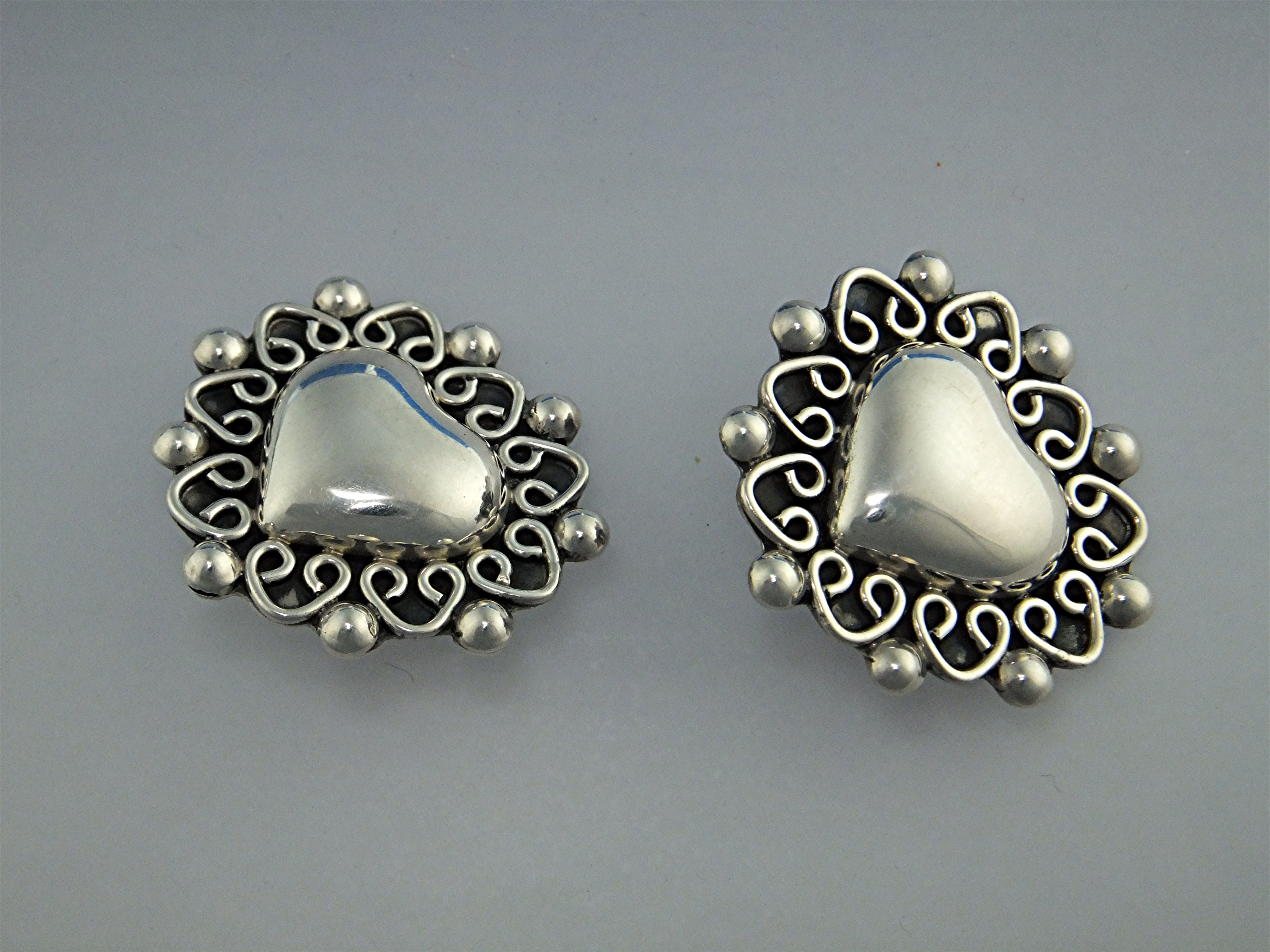 Taxco Mexico Sterling Silver Heart Clip Earrings