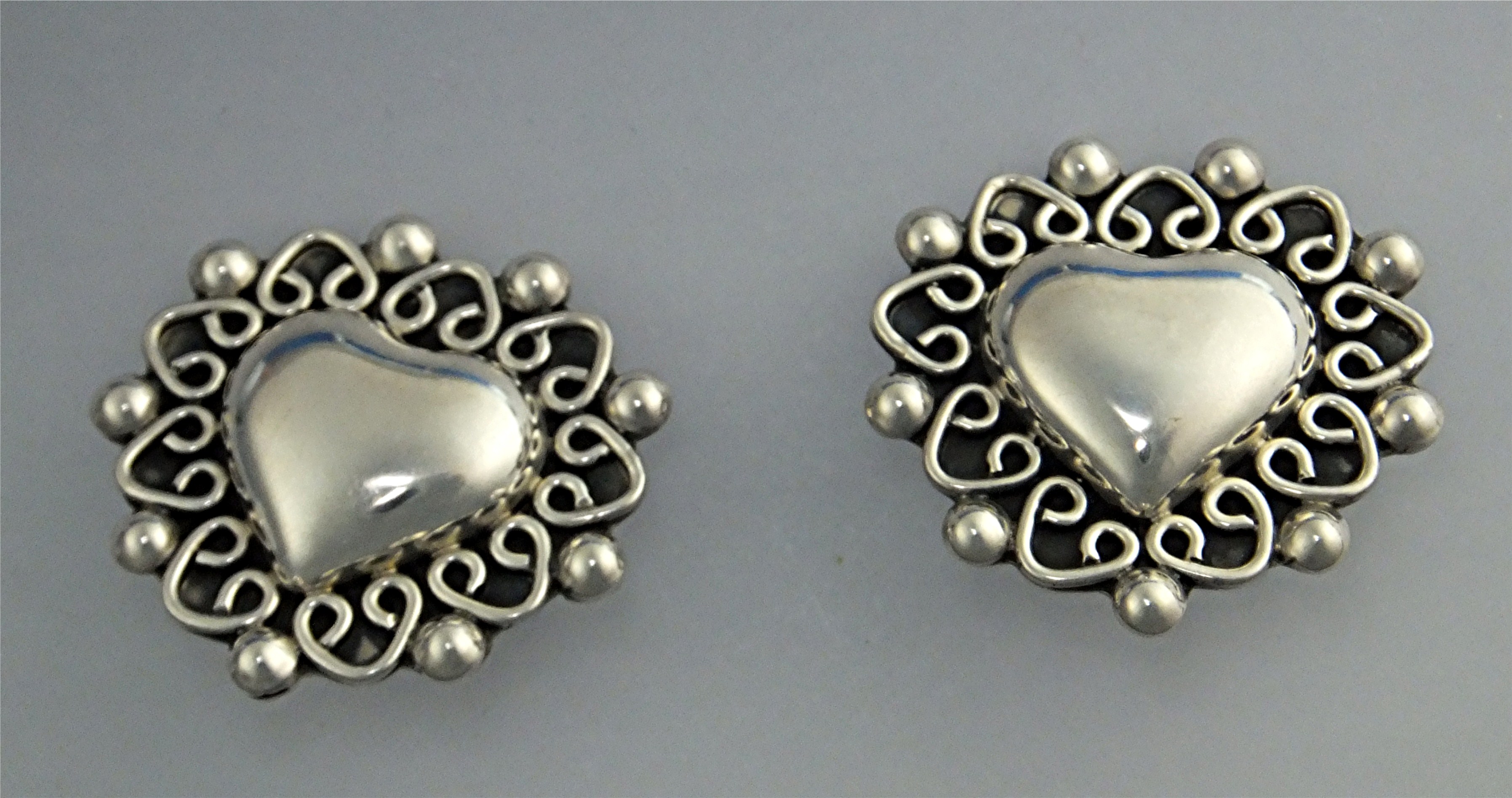 Taxco Mexico Sterling Silver Heart Clip Earrings