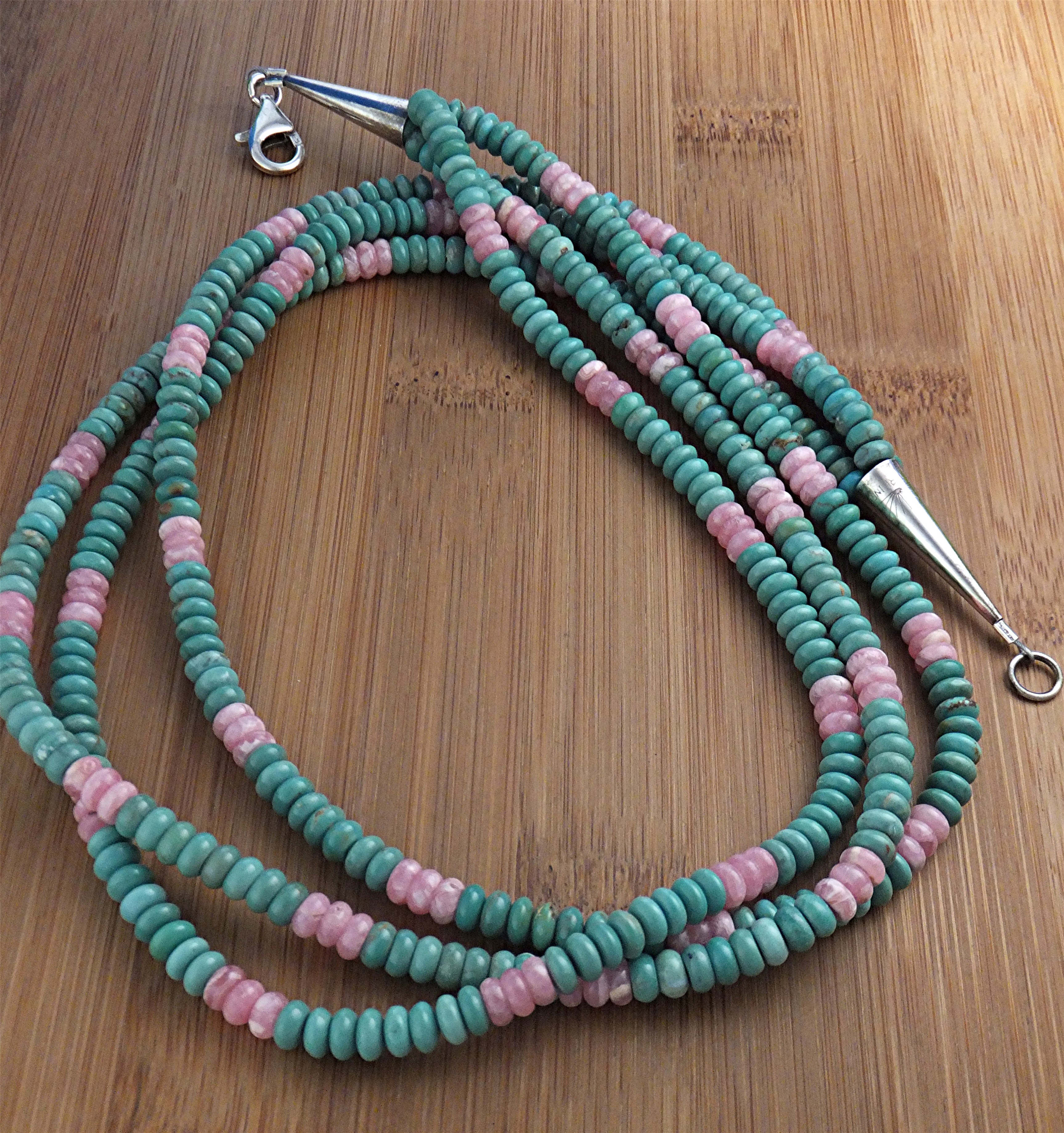 Necklace Kingman Turquoise Rhoocrosite 3 Strand USA