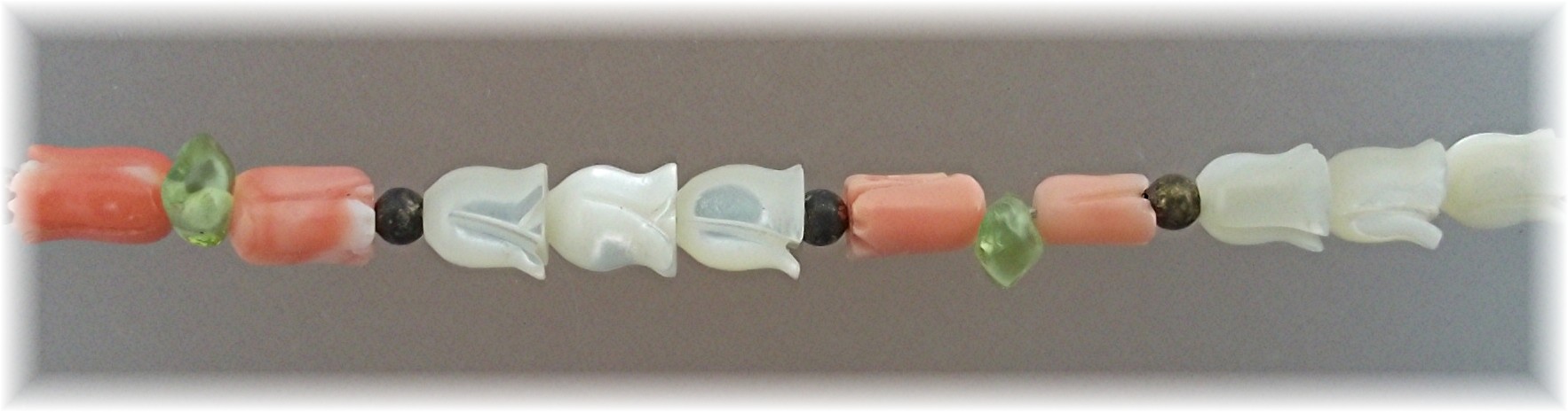 Necklace Coral Mother of Pearl Flowers  Peridot