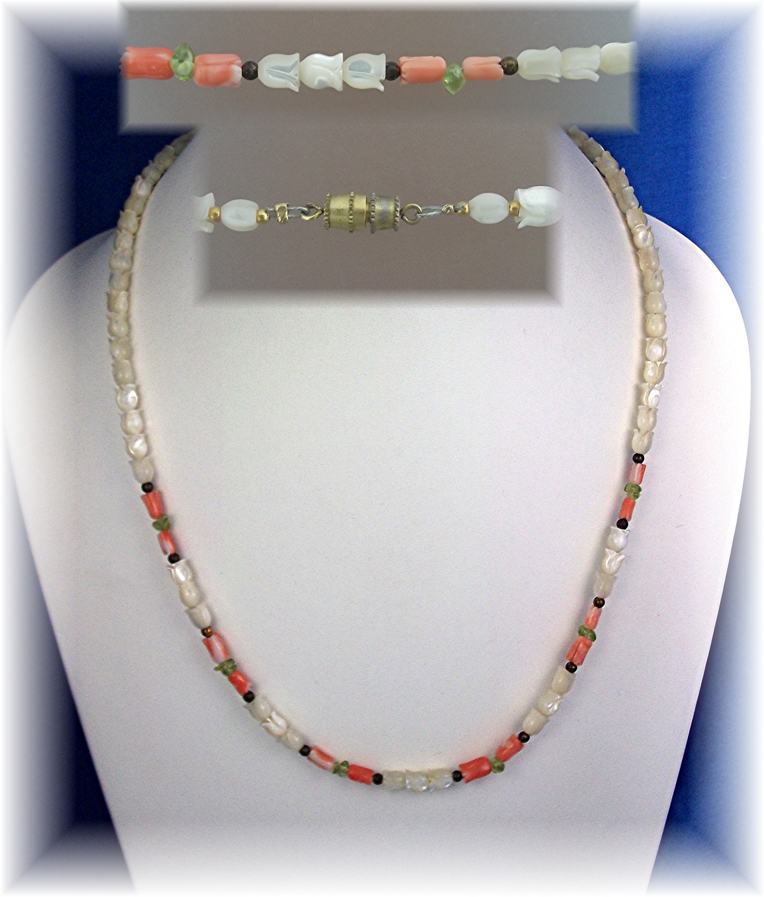 Necklace Coral Mother of Pearl Flowers  Peridot