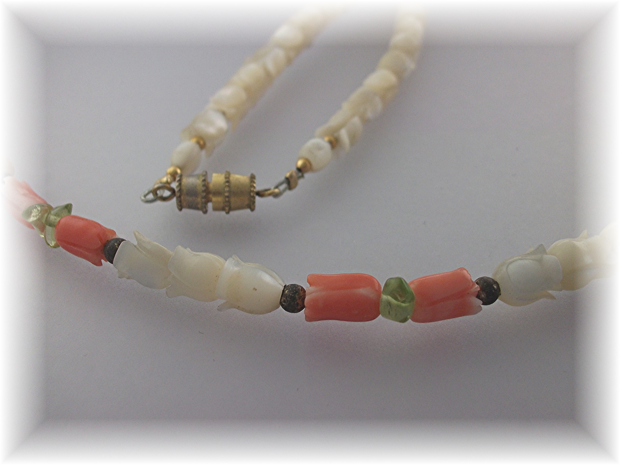 Necklace Coral Mother of Pearl Flowers  Peridot