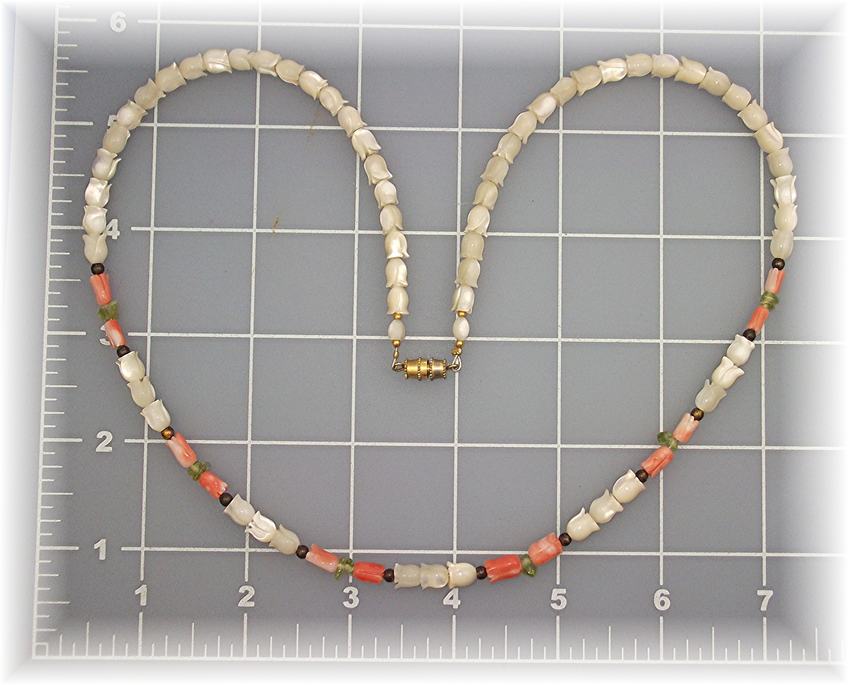Necklace Coral Mother of Pearl Flowers  Peridot